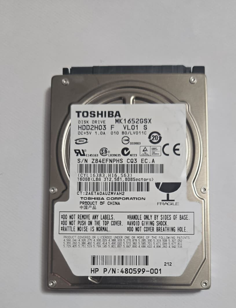 Toshiba MK1652GSX 160GB 2.5” SATA Hard Drive - Tested Working  HP 480599-001 USA