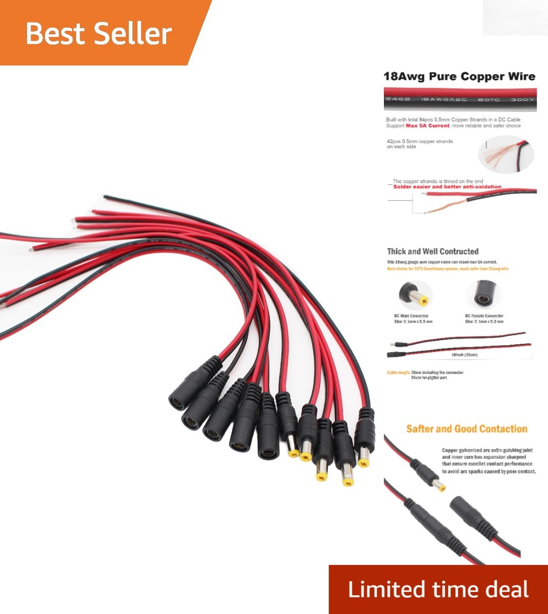 5 Pairs of 2.1mm x 5.5mm DC Pigtail Connectors - Reliable Power for CCTV Systems