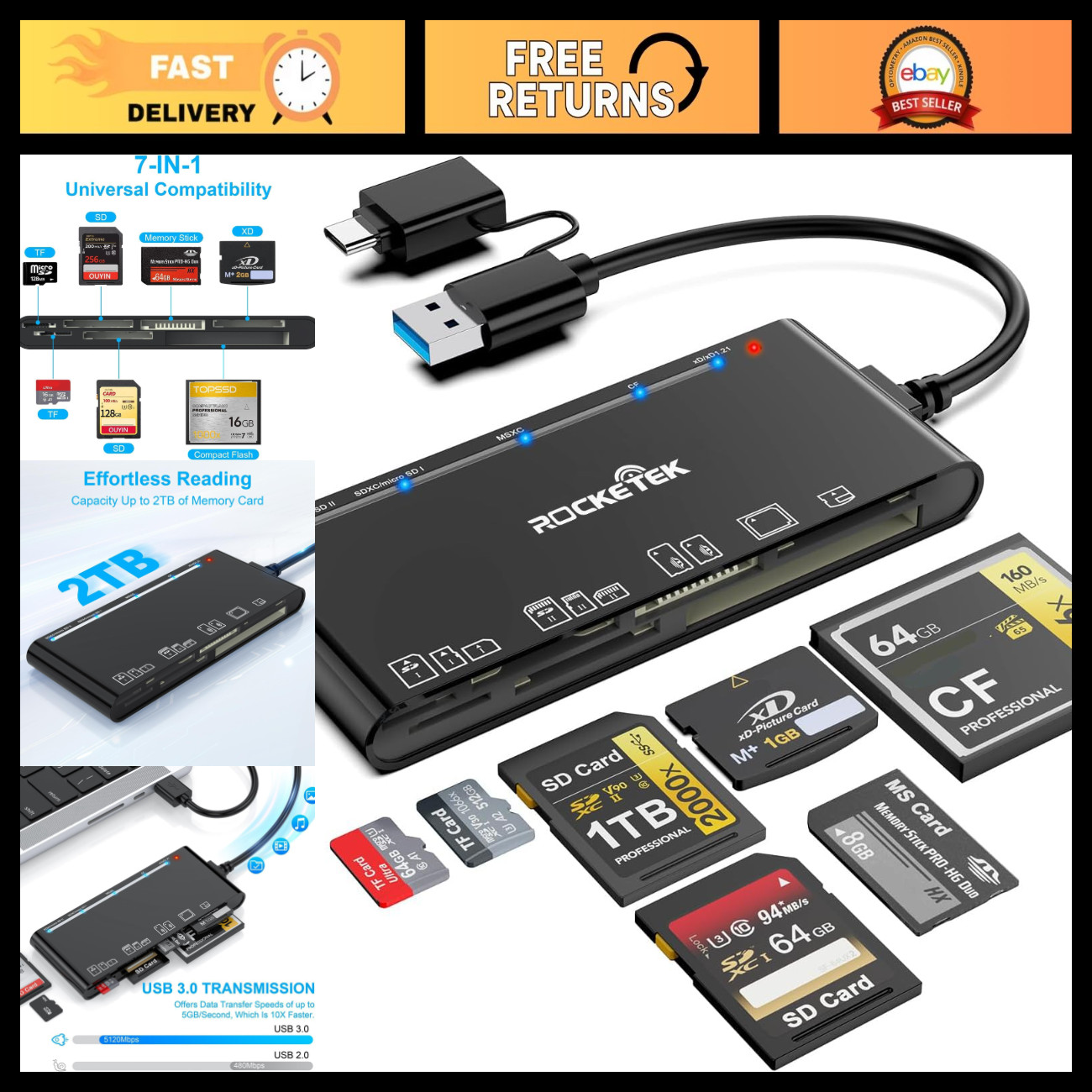 7-in-1 Multi Card Reader USB 3.0 & USB-C for SD Micro SD CF MS xD Cards, Fast Da