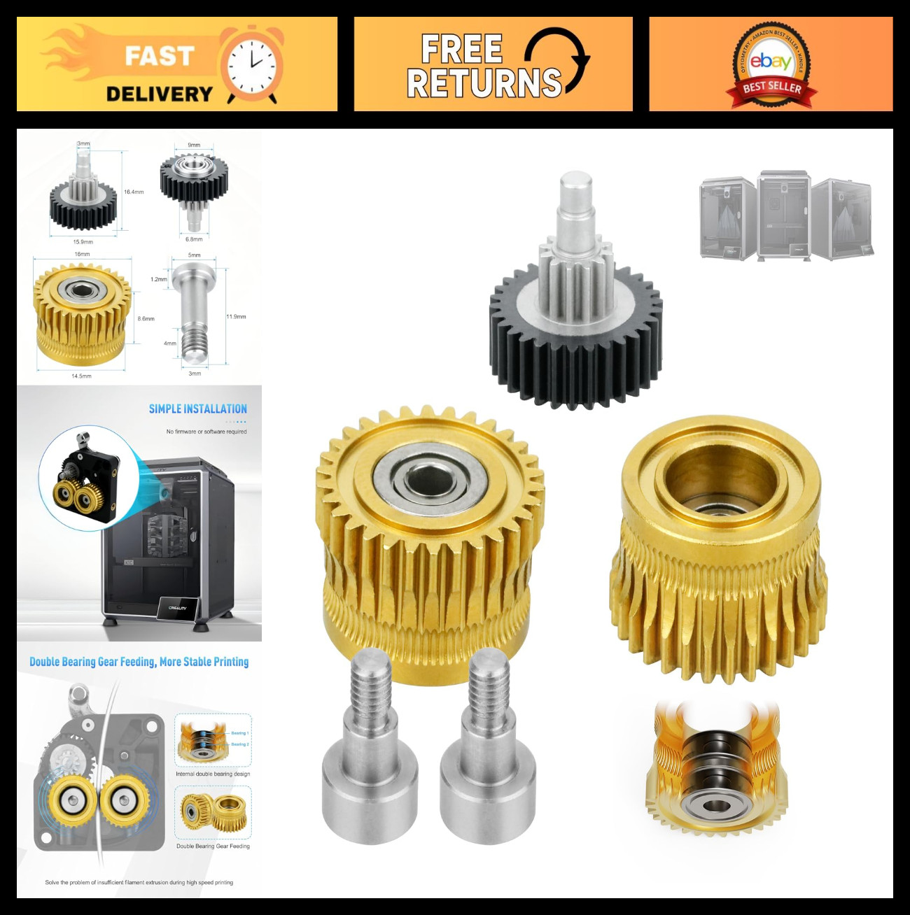 All Metal Double Bearing Gear Upgrade Kit for K1 Max 3D Printer - Hardened Steel