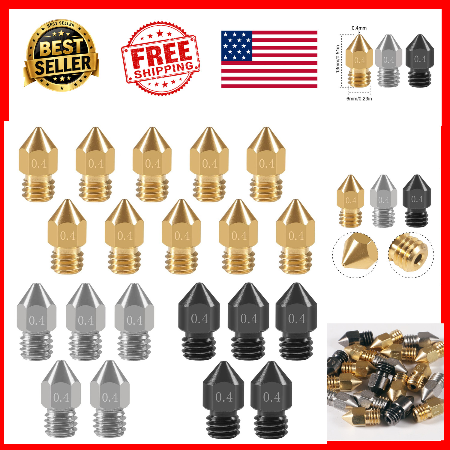 MK8 Nozzle 20 Piece 0.4mm Hardened Steel Brass for Ender 3 Pro CR-10 3D Printer