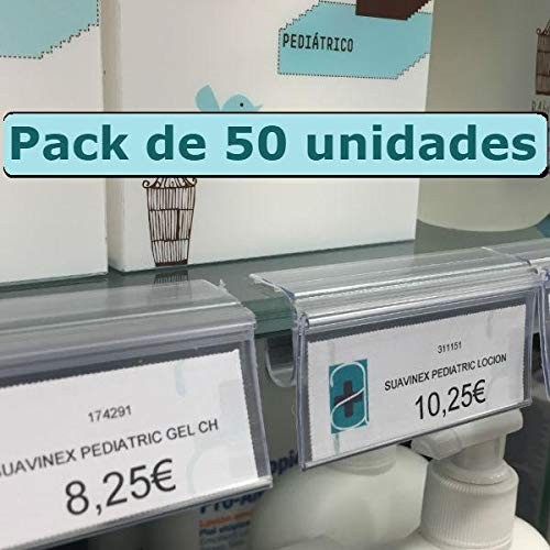 Set of 50 Price Card Holders for Glass Shelf. Price Cards of 30x65 mm. Transp...