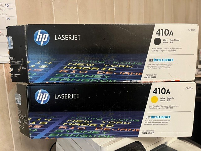 Lot of 2 - HP 410A CF410A (BLK) CF412A (YEL) Toner OPEN BOX, OPEN INNER PACK NEW