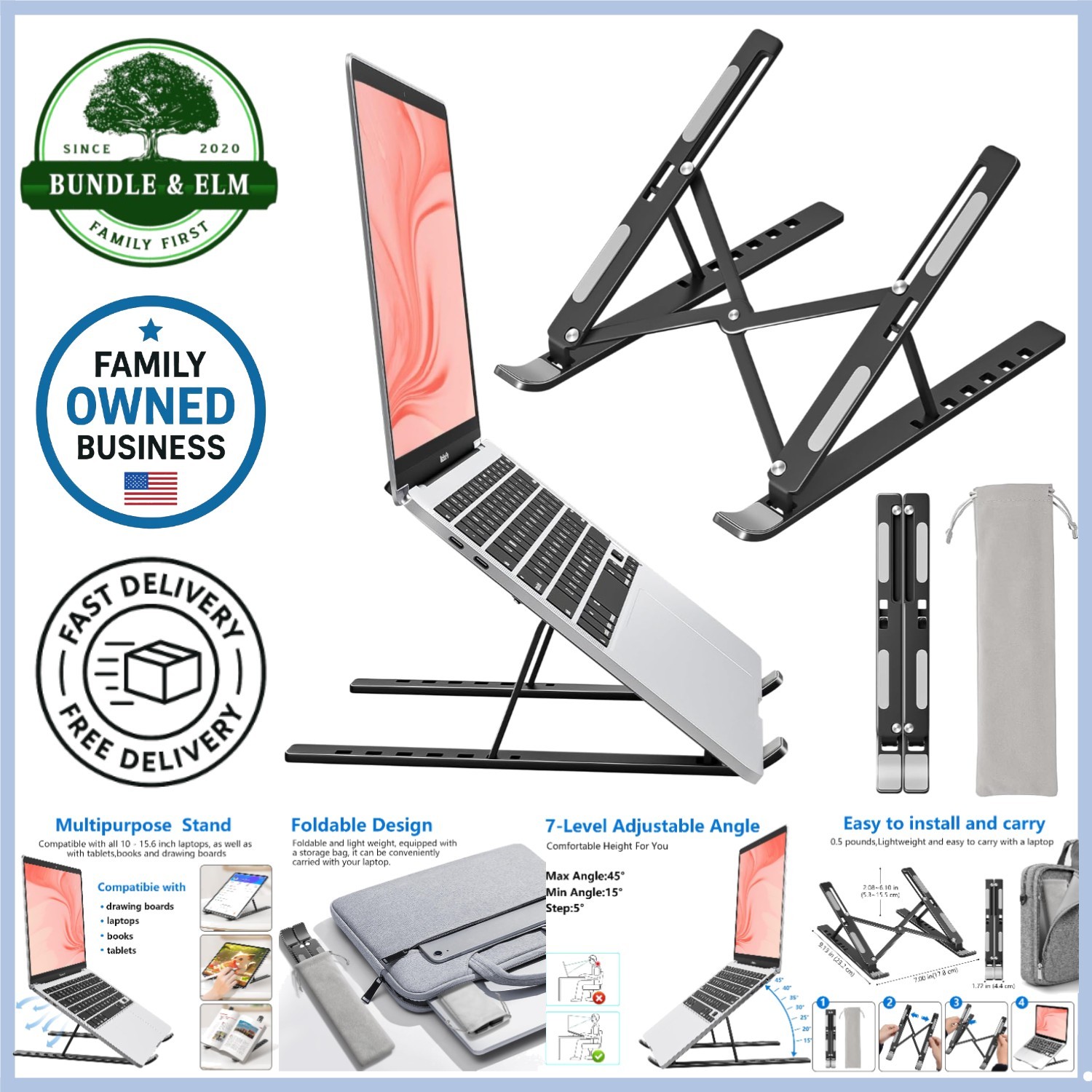 Laptop Stand Aluminum Adjustable Portable Foldable Desk Riser for 10-15.6 Inch