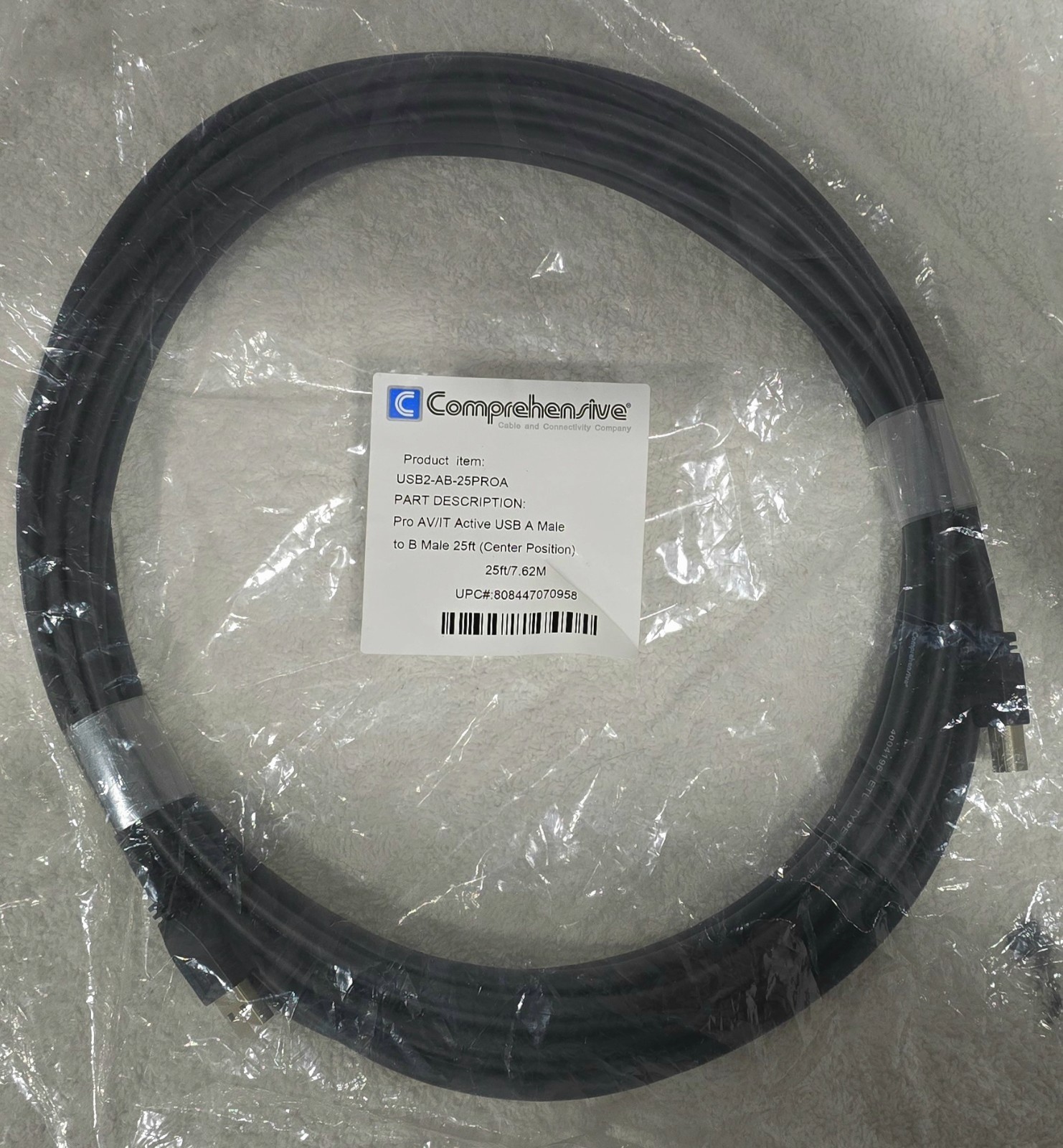 USB A MALE TO B MALE 25 FT. Comprehensive Pro Av/it Active USB2-AB-25PROA. NEW