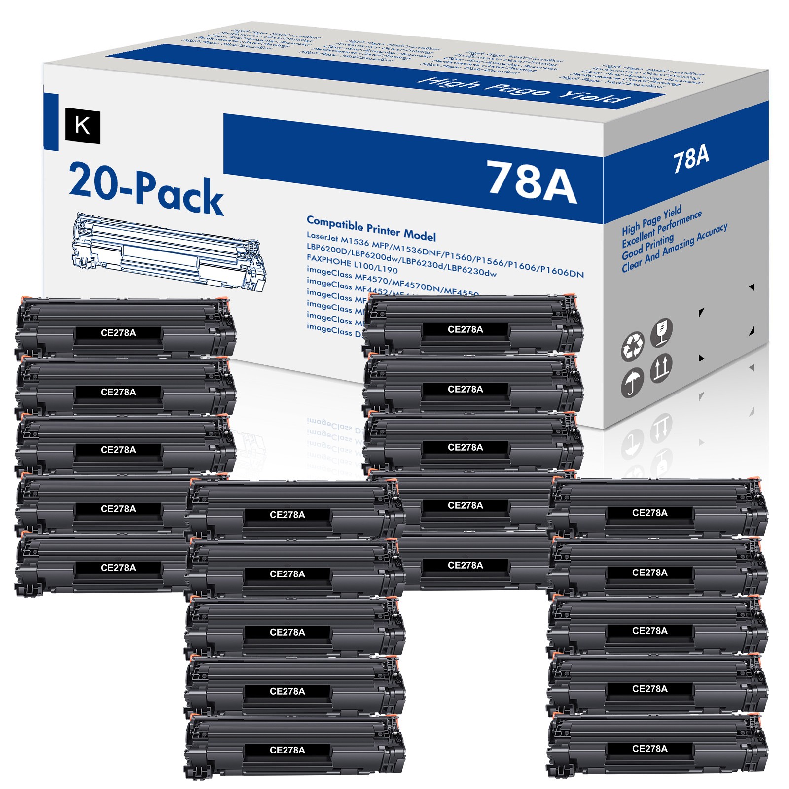 20PK CE278A 78A Black Toner For HP LaserJet Pro P1566 M1536DNF MFP P1606 P1560