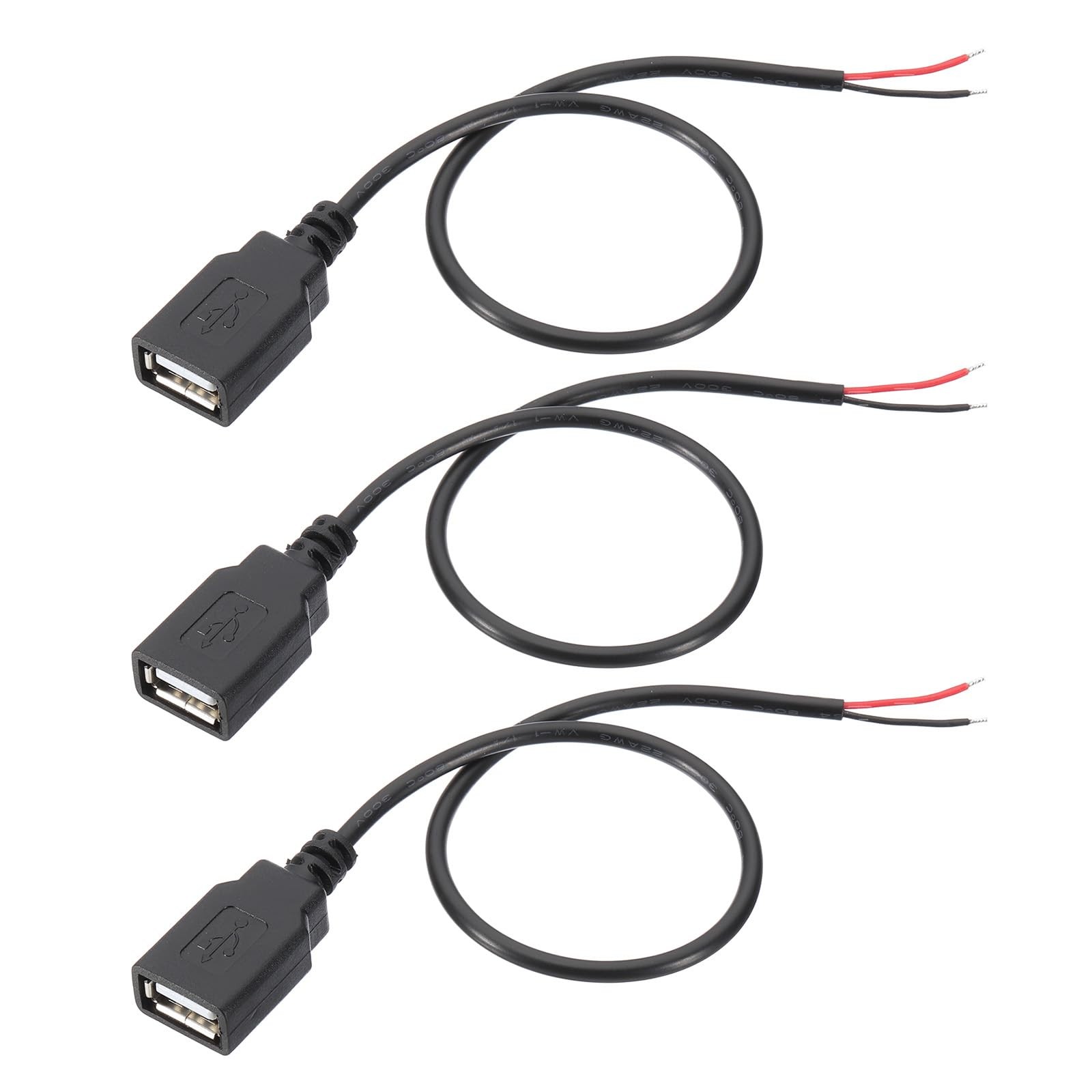 PATIKIL 1Ft USB 2.0 Female to 2 Pin Bare Wire Pigtail Cable, 3pcs 1Ft, Black
