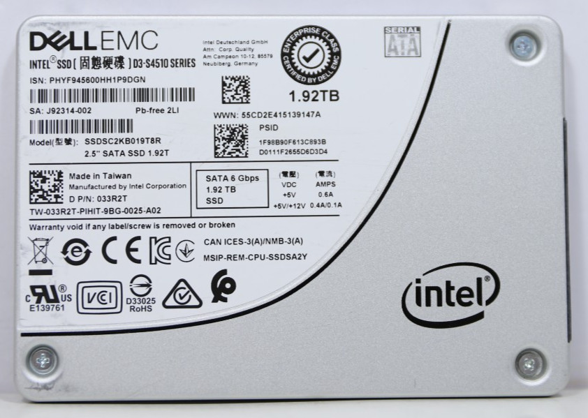 Dell 33R2T Intel 1.92TB SATA 6Gb/s 2.5" Enterprise SSD SSDSC2KB019T8R D3-S4510