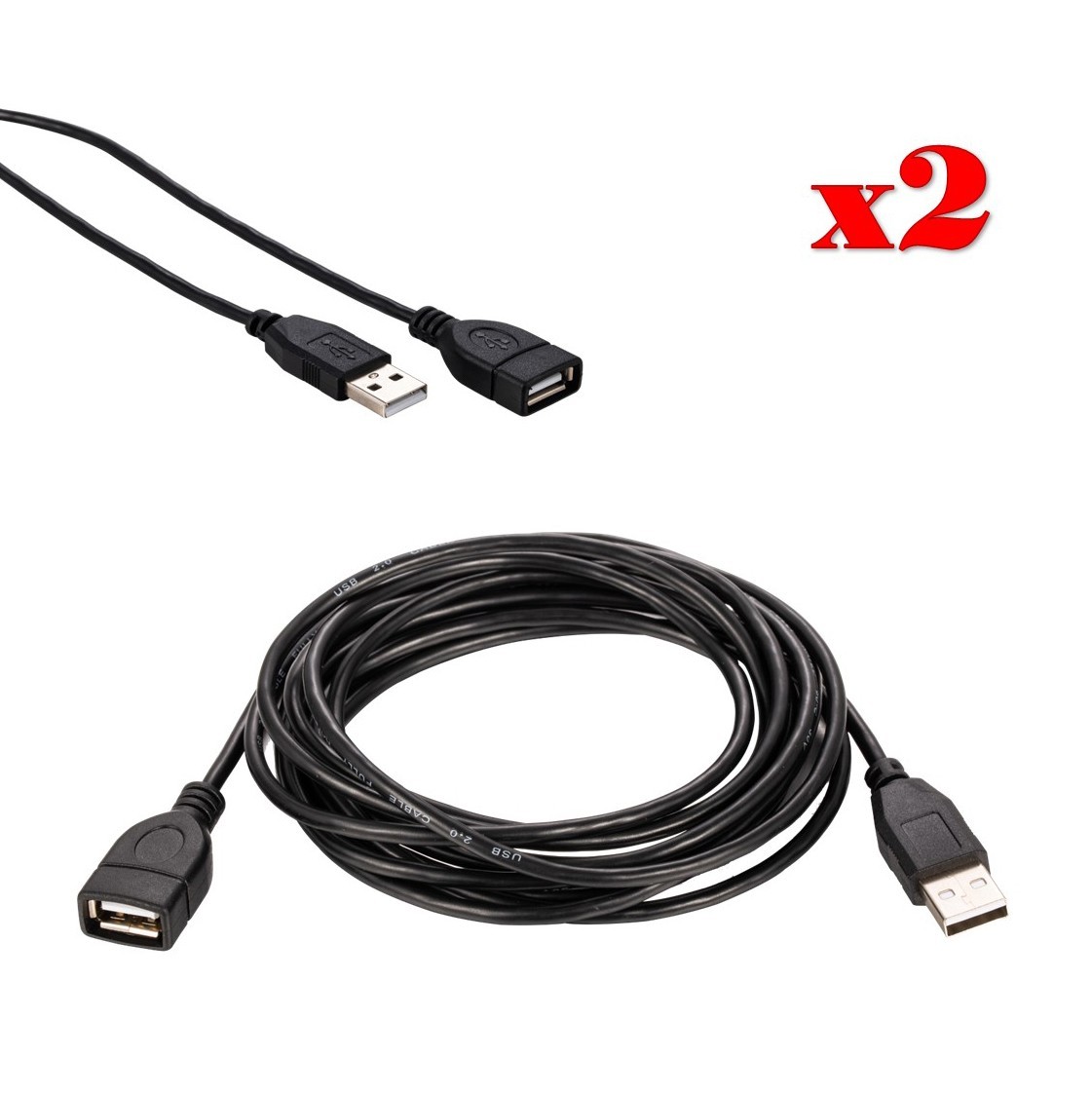 2-Pack - 10FT USB 2.0 Black Extension Cable AM-AF Data Transfer Wire EXT Cord