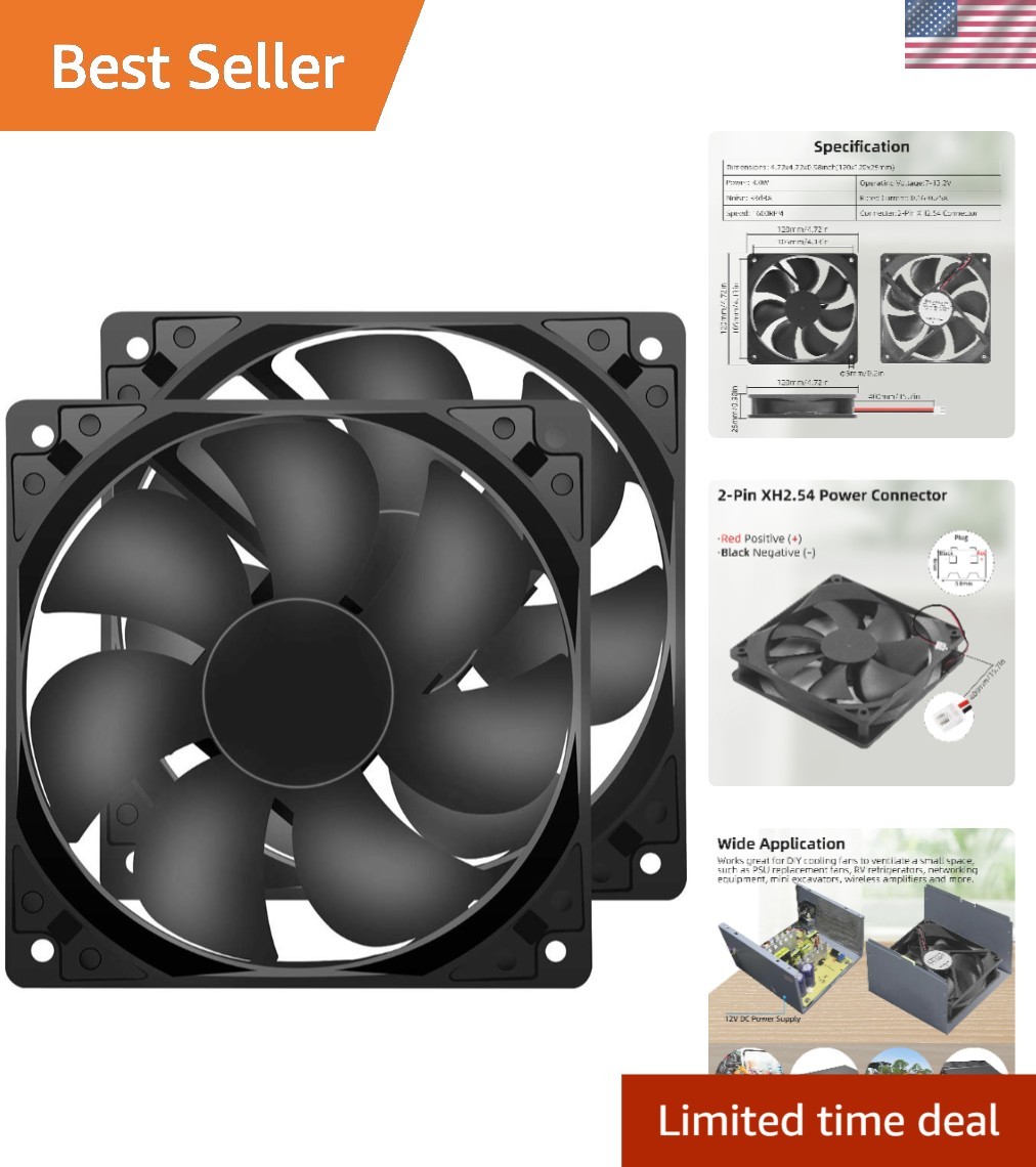Efficient 12V 120mm Cooling Fans 1600 RPM - 2-Pack for Electronics Cooling