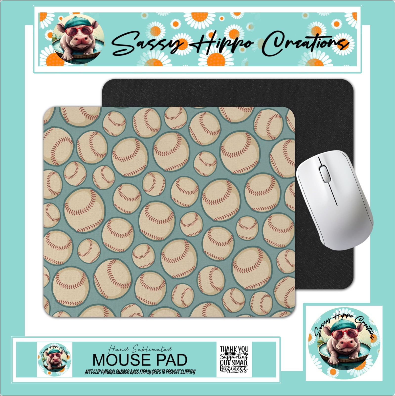 Mouse Pad Retro Baseball Sports American Past Time Anti Slip Back Easy Clean