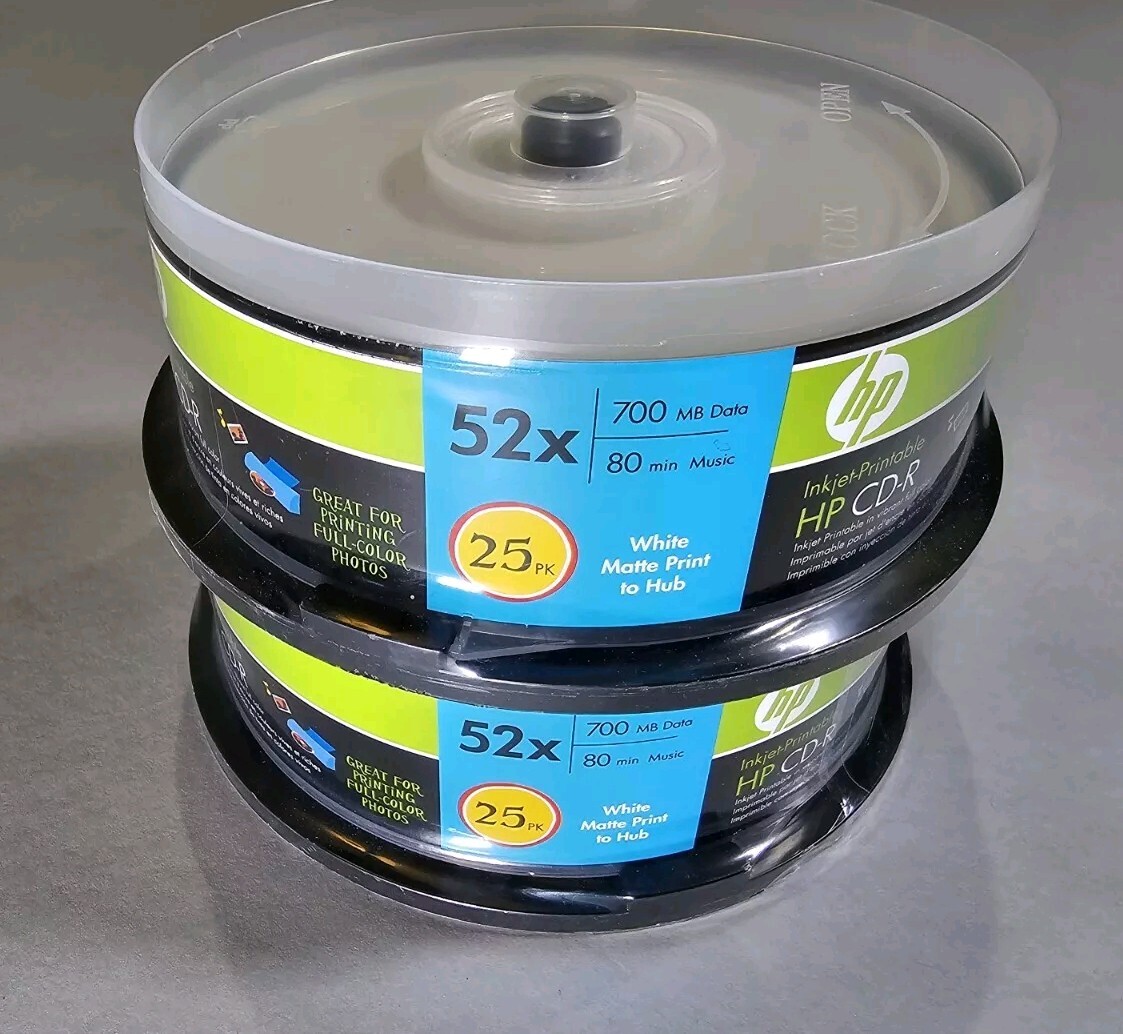 NEW Lot Of Two 25 Pack HP CD-R Discs 700 MB 80 Min 52x Speed Pack FACTORY SEALED