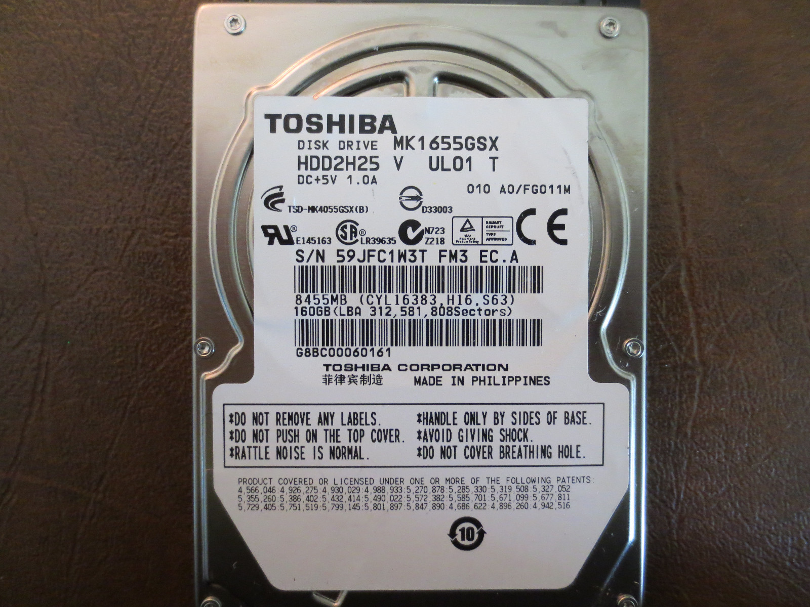 Toshiba MK1655GSX (HDD2H25 V UL01 T) 010 A0/FG011M 160gb 2.5" Sata HDD  
