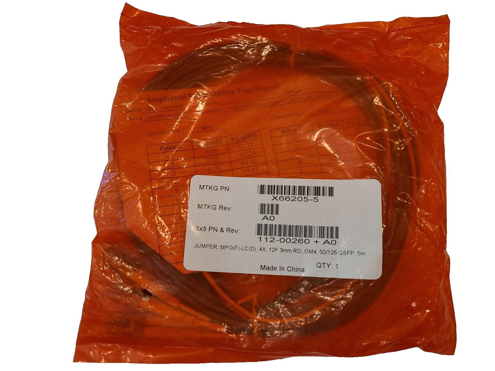 MPO to 4x LC OM4 Fiber Patch Cable - 5m (NetApp X66205-5)