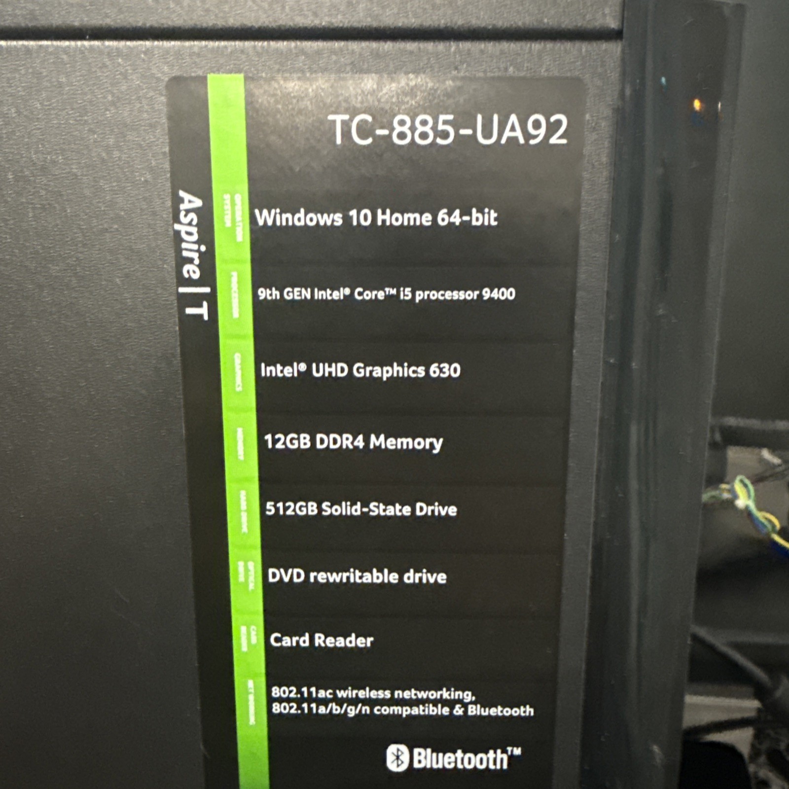 Acer Aspire TC-885-UA92  i5-9400 9th Gen, 12GB RAM, * No HDD *