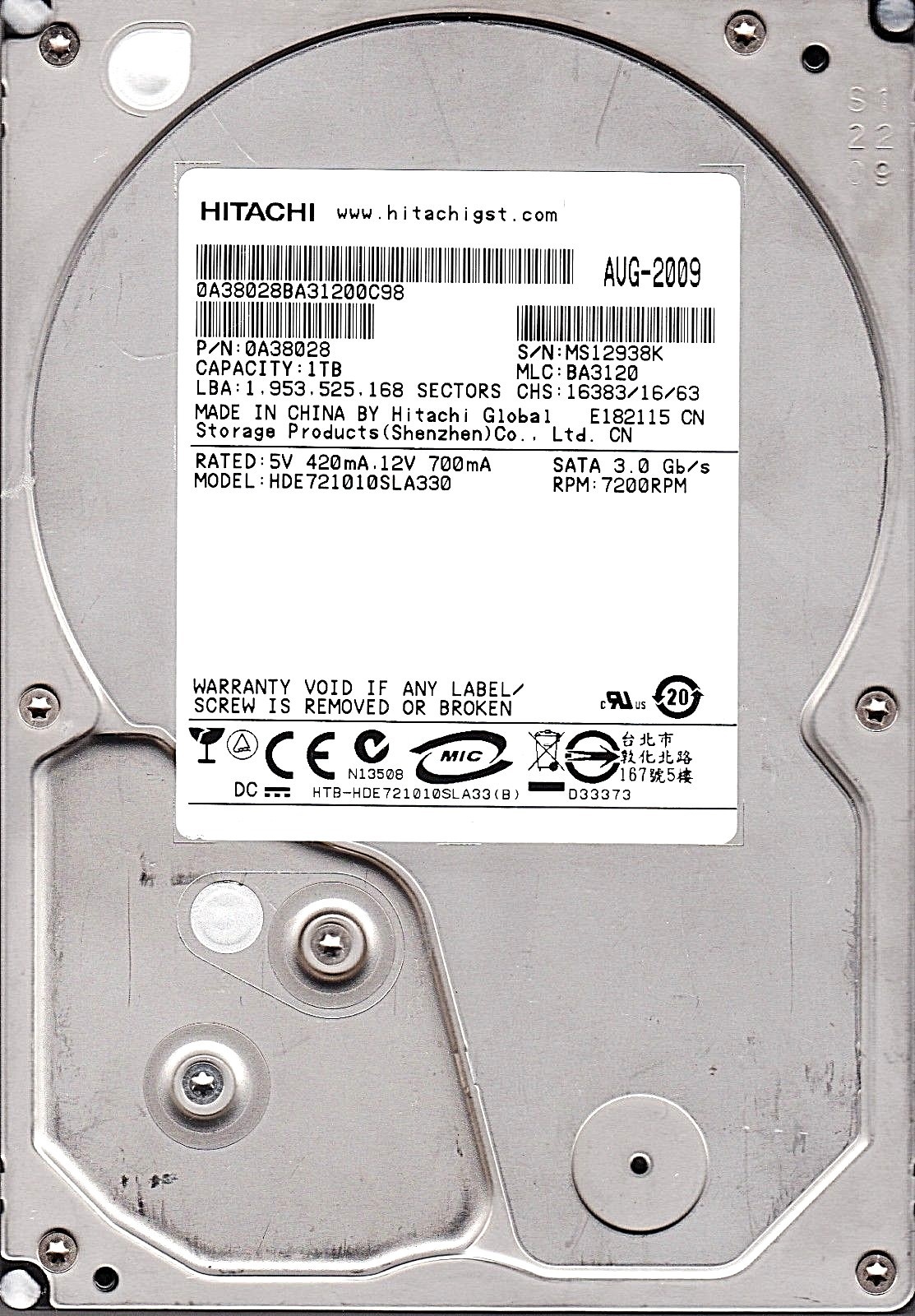  Hitachi Deskstar HDE721010SLA330 pn: 0A38028 1TB SATA 3.5" 7200 RPM HDD 7007