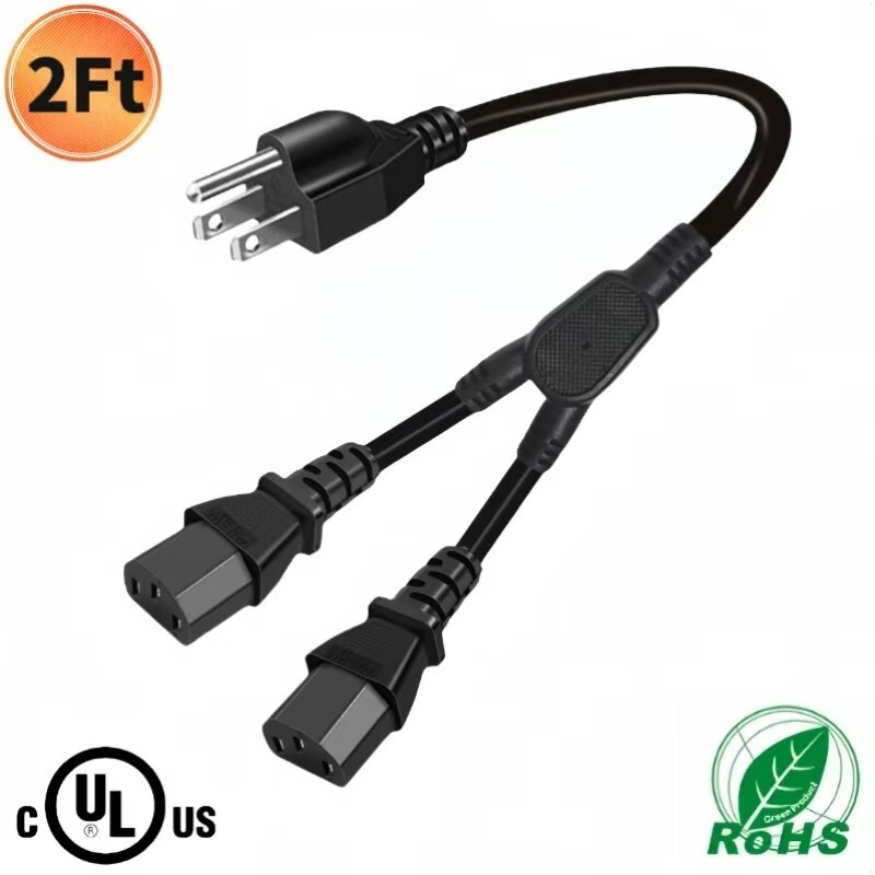 2FT 16AWG NEMA 5-15P to IEC320 2X C13 Y-Power Cable, C13 Splitter,UL Listed