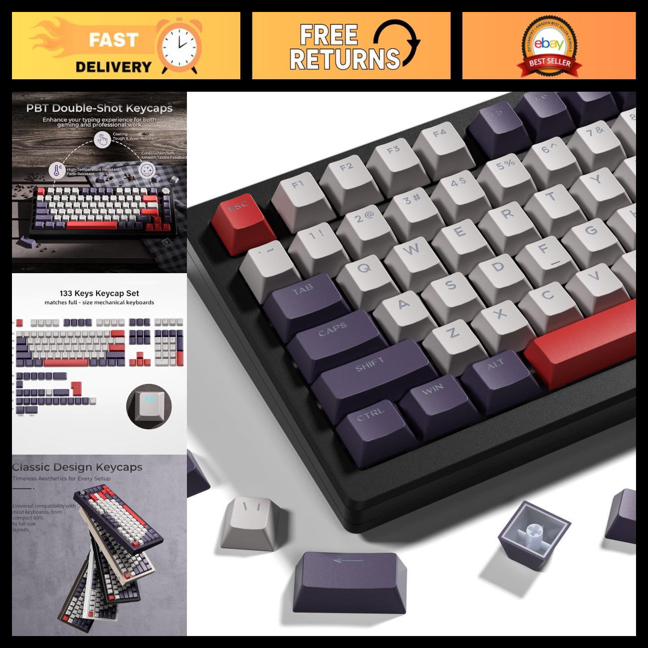 133 Keys Retro Cherry Profile PBT Keycaps for 60%/75%/100% Mechanical Keyboards
