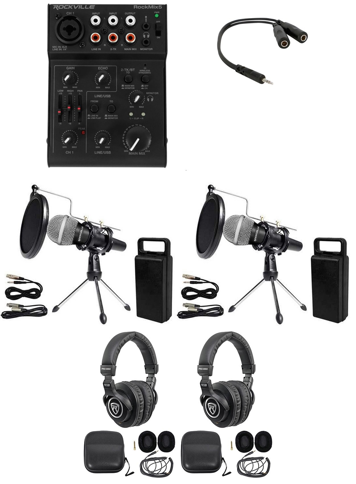 Rockville 2-Person Podcast Podcasting Recording Kit w/Mics+Stands+Headphones