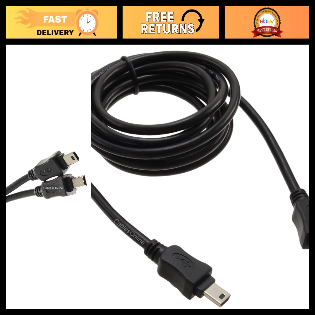 6ft USB 2.0 Mini-B 5-Pin Male to Male Cable - High-Speed Data Transfer, Durable