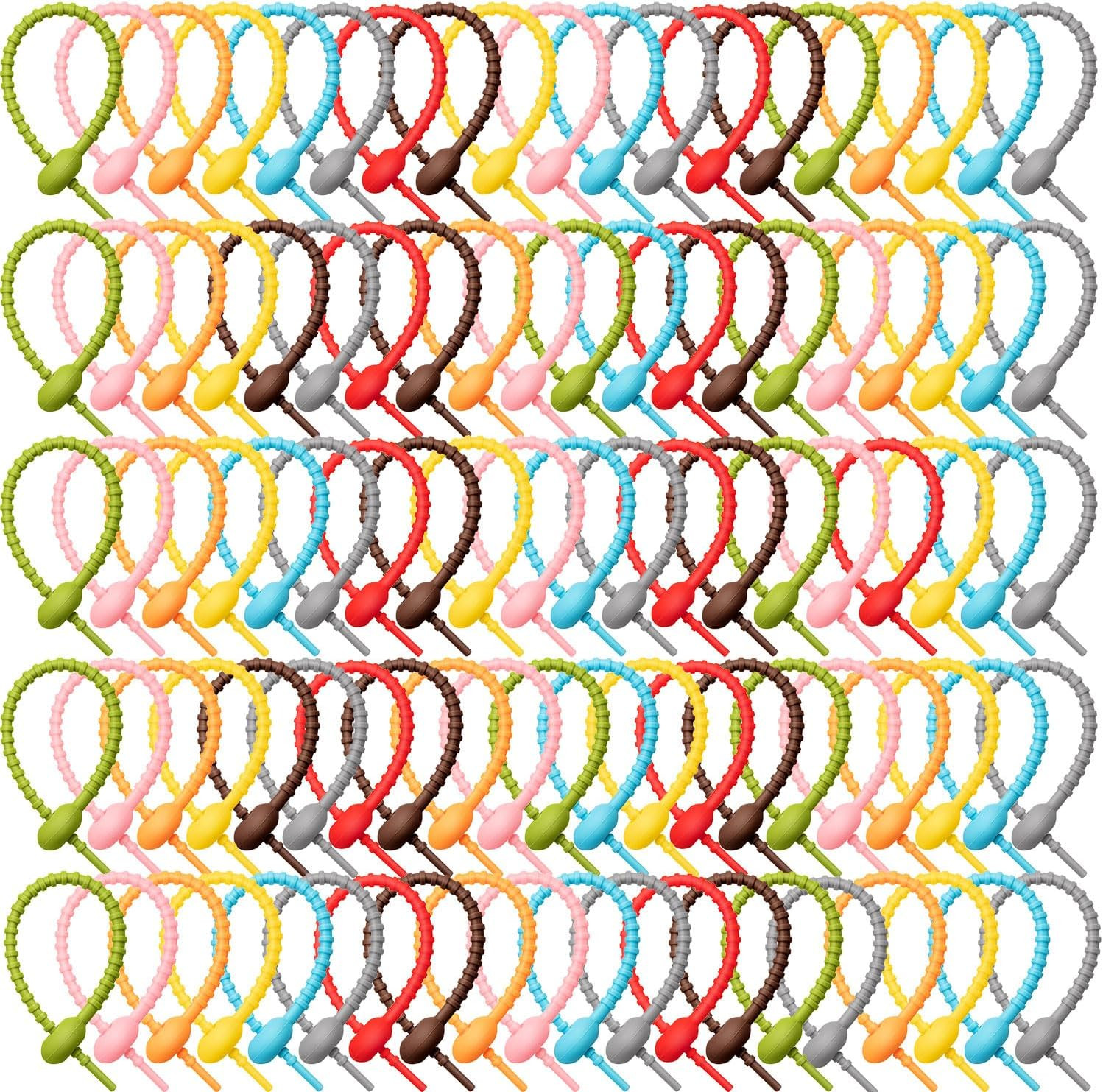 100 Pack Reusable Silicone Cable Ties, Multicolor