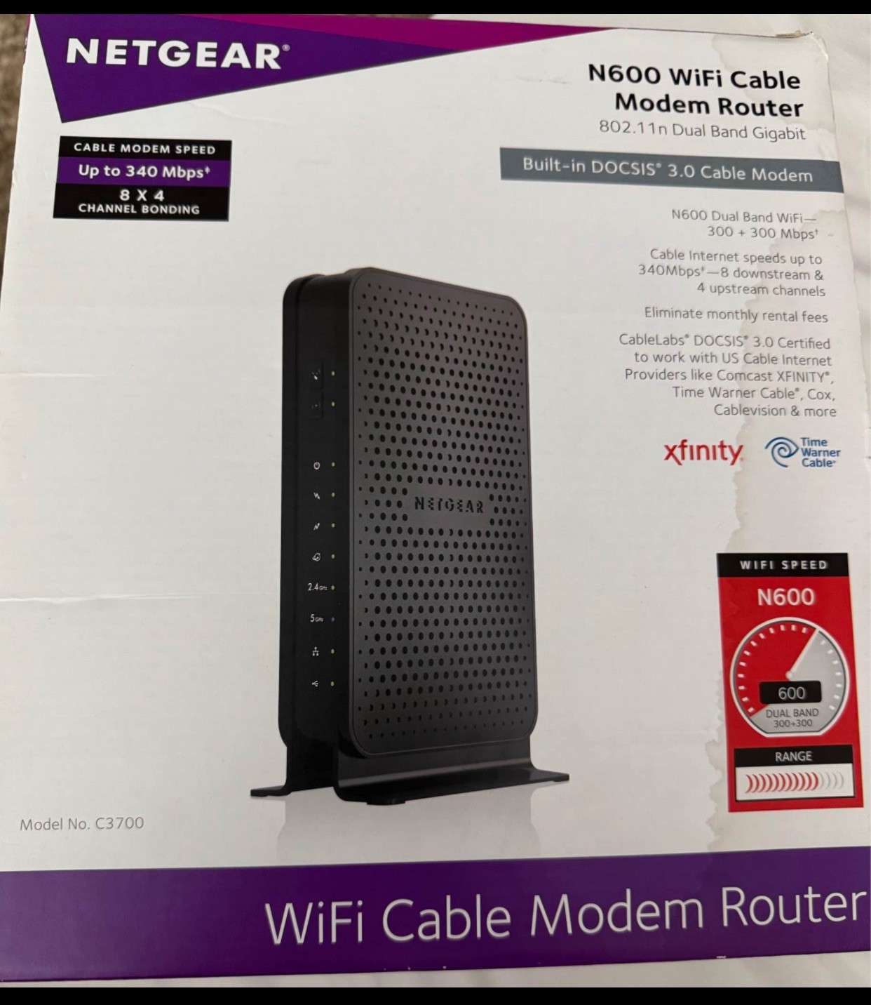 Netgear N600 WiFi Cable Modem Router (C3700) – DOCSIS 3.0 Dual Band, Open Box 