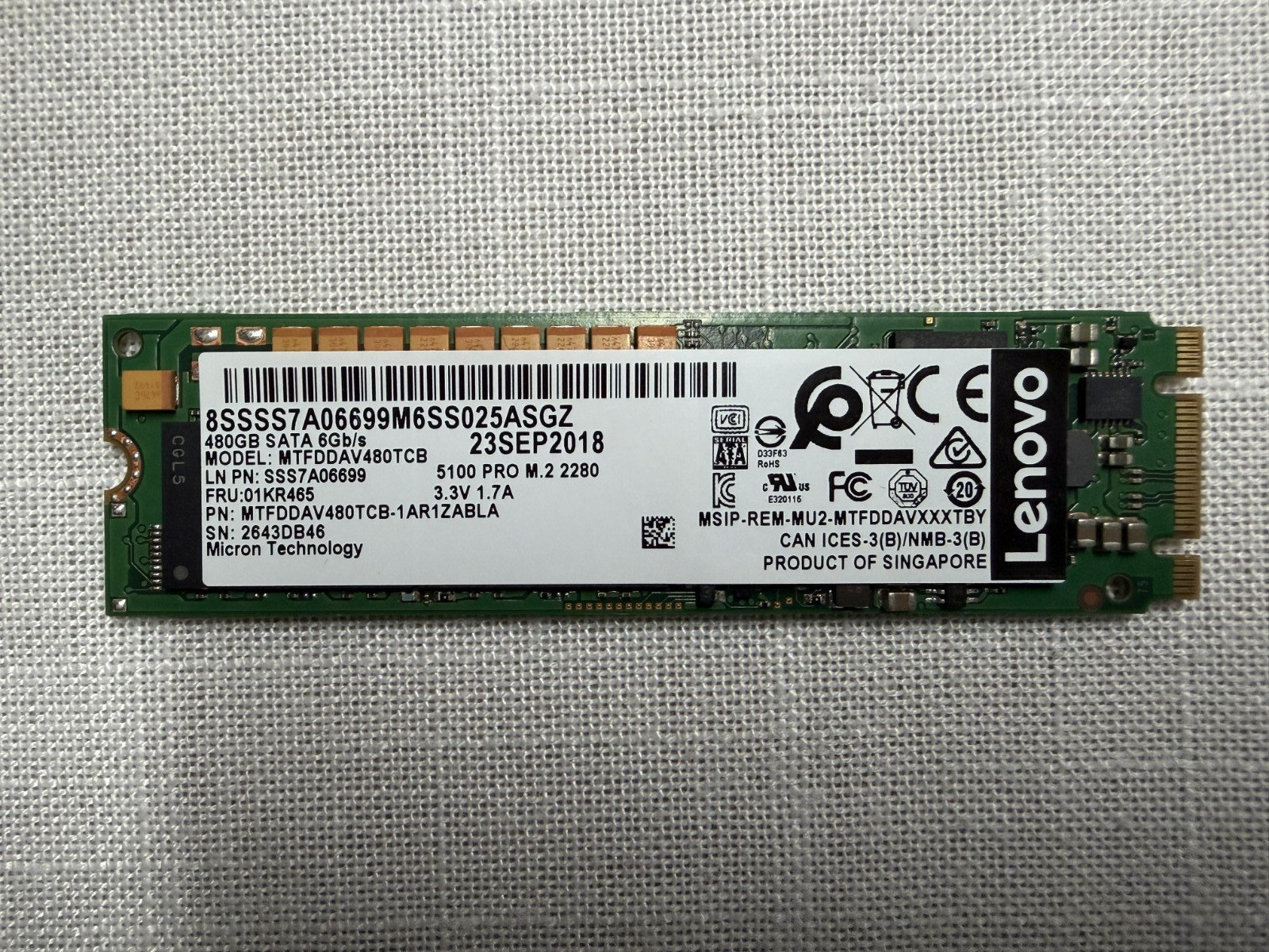 Lenovo Micron 5100 480GB M.2 2280 SATA 6Gb/s SED MTFDDAV480TCB 01KR465