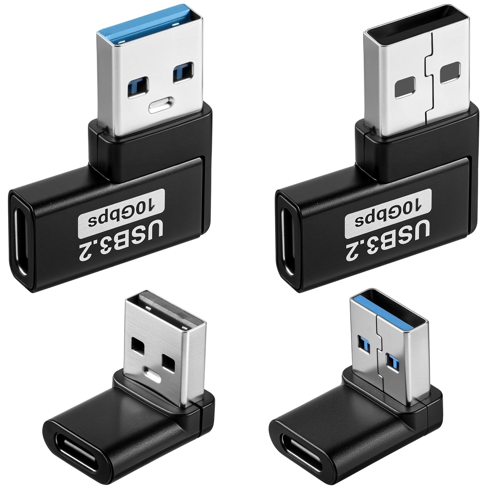 4 Pack 90 Degree USB A Male to USB C Female Adapter Black Type C Connector Set