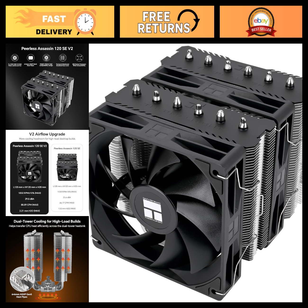 High-Performance Dual Tower CPU Cooler, 1850RPM, Thermal Management, Silent Oper