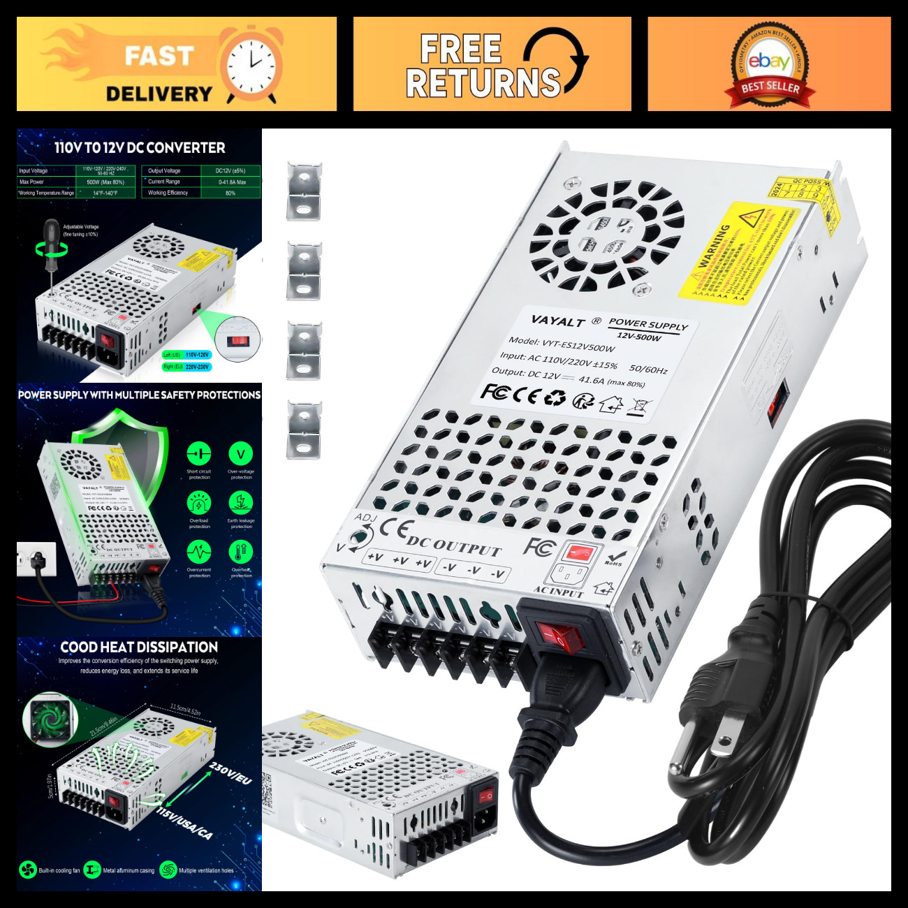 500W 12V DC Power Supply - 41.6A AC to DC Converter for CCTV, 3D Printer, LED St