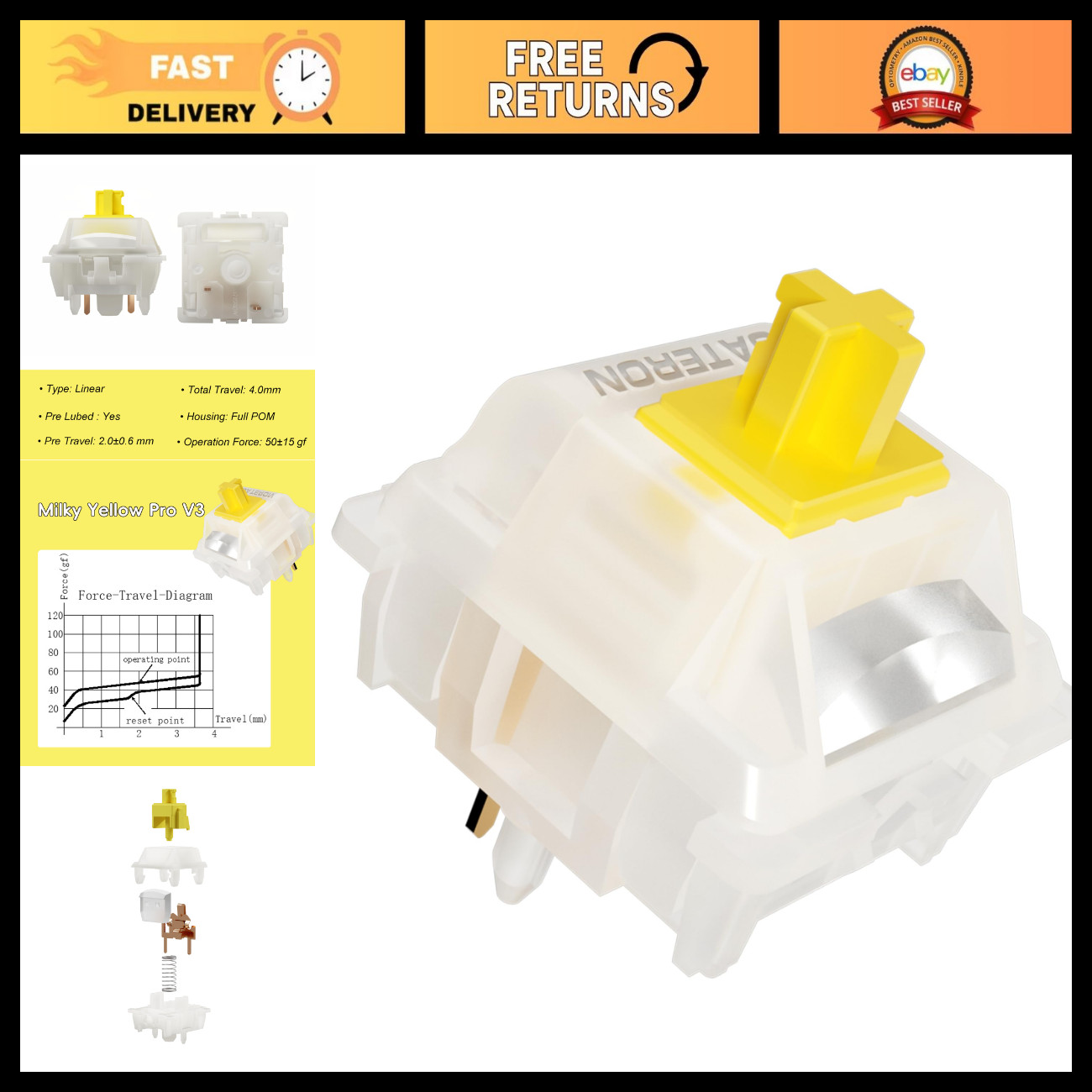 Pre-Lubed Gateron Milky Yellow V3 Switches - 108PCS Linear 5 Pin for MX Keyboard