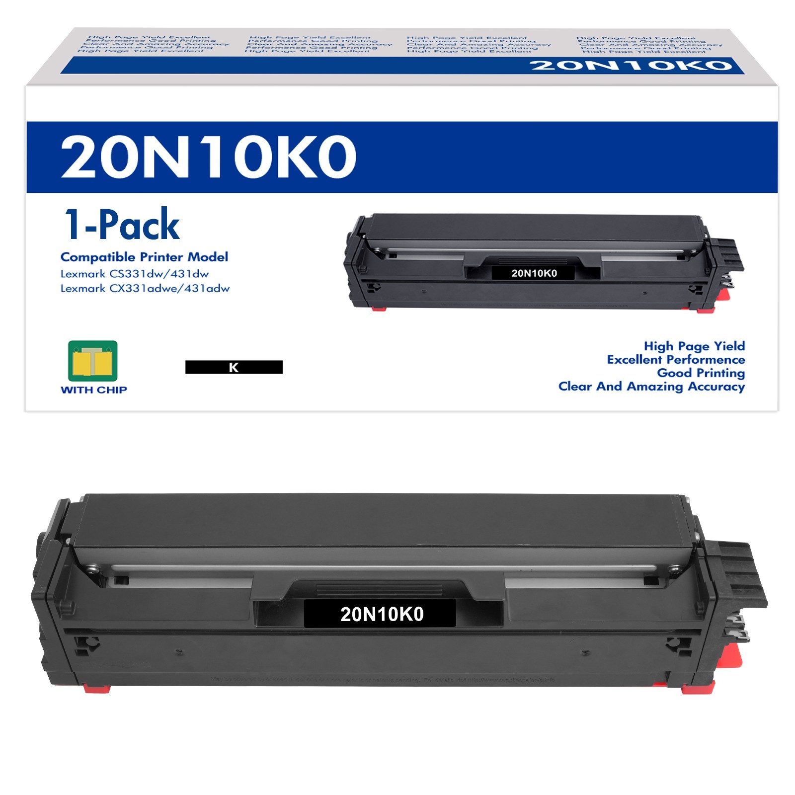 1-Pack 20N10K0 Black Toner Cartridge for Lexmark CS331 CS431 CX331 CX431 Printer