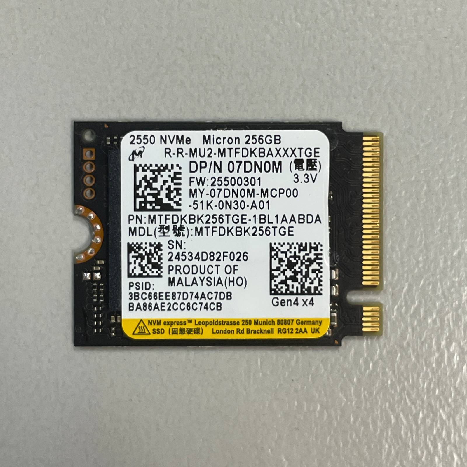 Micron 2550 256GB M.2 2230 PCIe Gen4 x4 NVMe SSD MTFDKBK256TGE Dell 07DN0M