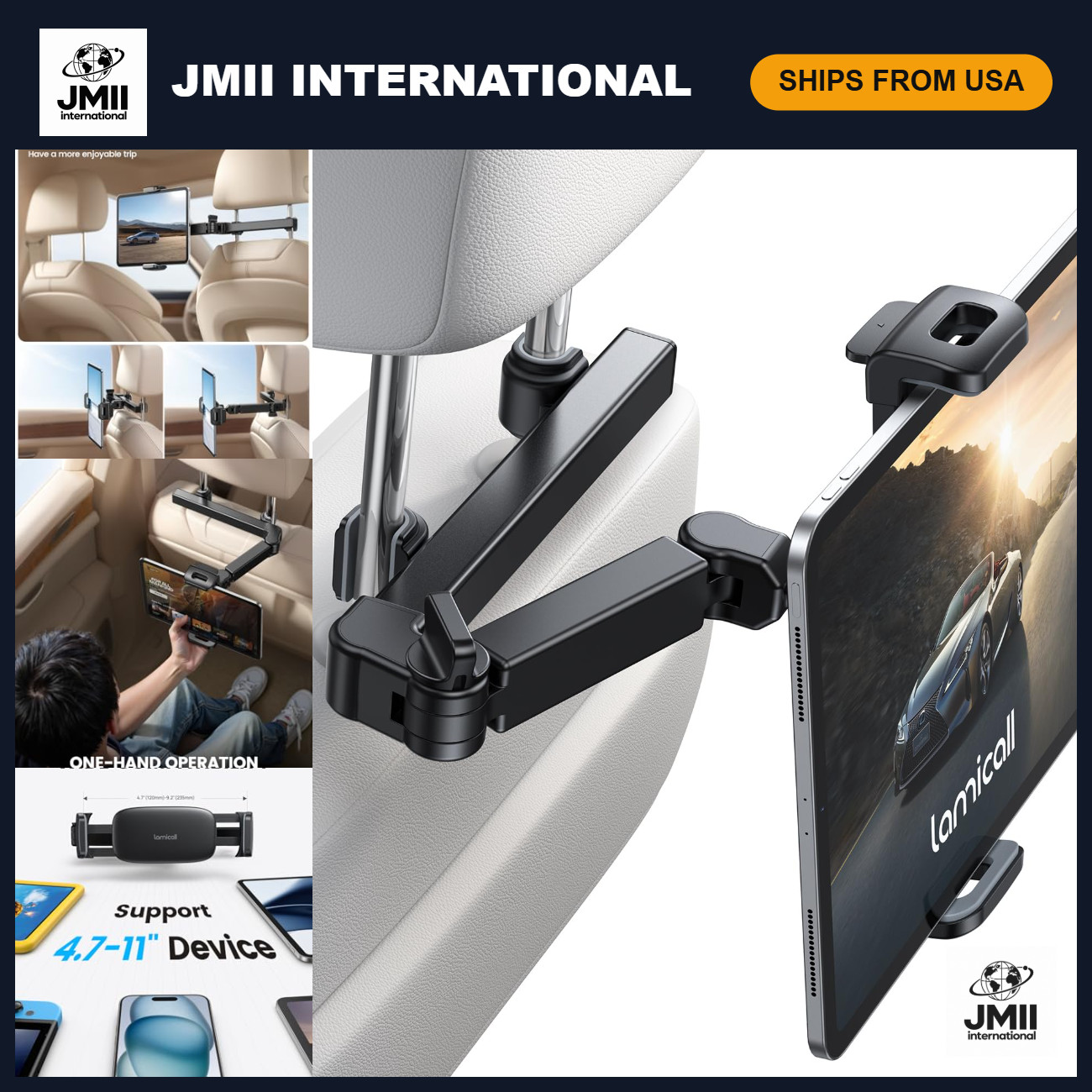 Adjustable 3-in-1 Car Headrest Tablet Holder with Extension Arm, Universal Fit