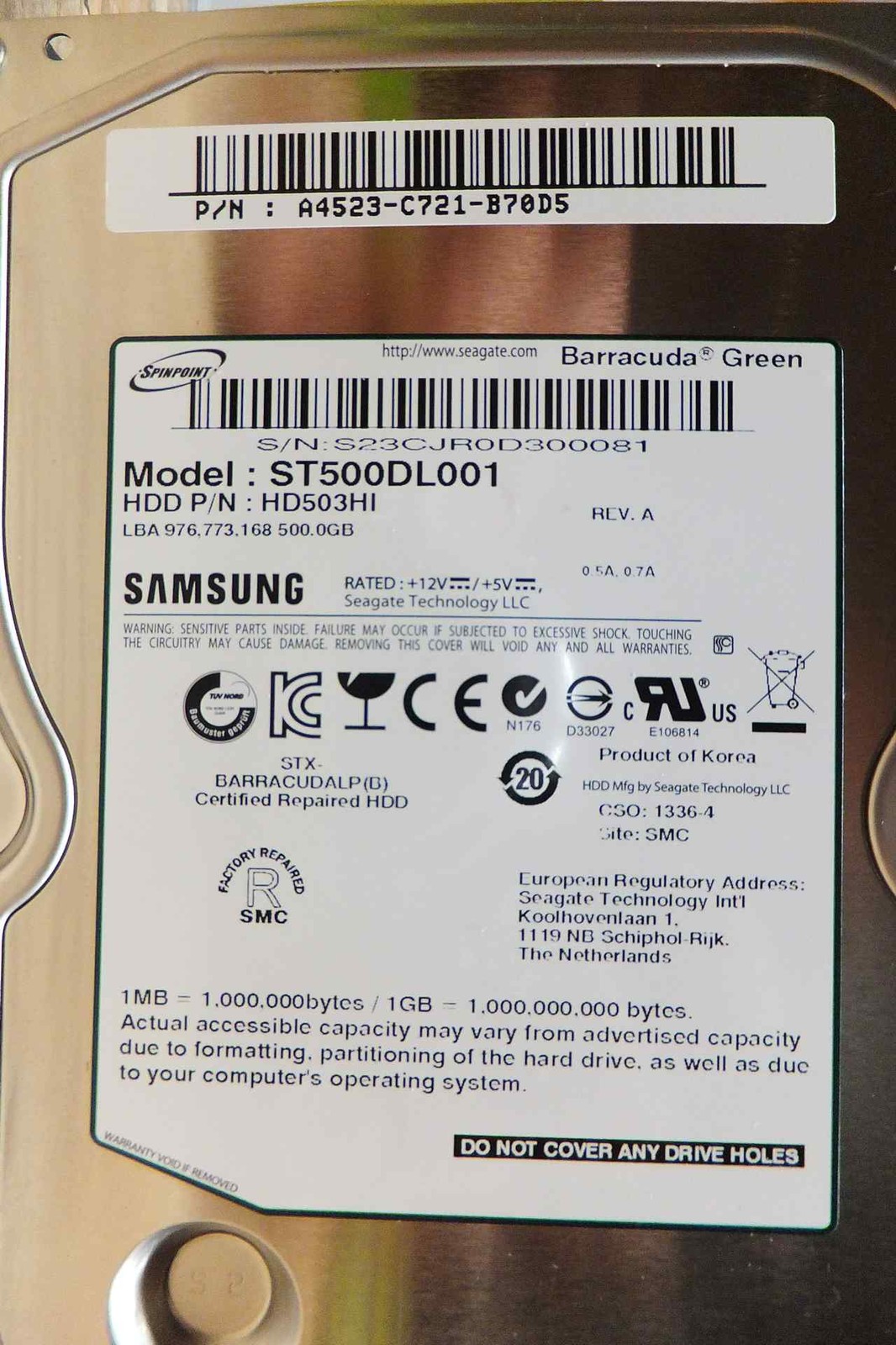 HD503HI ST500DL001 P/N:A4523-C721-B70D5 S/N:S23CJR0D300081 Samsung 500GB