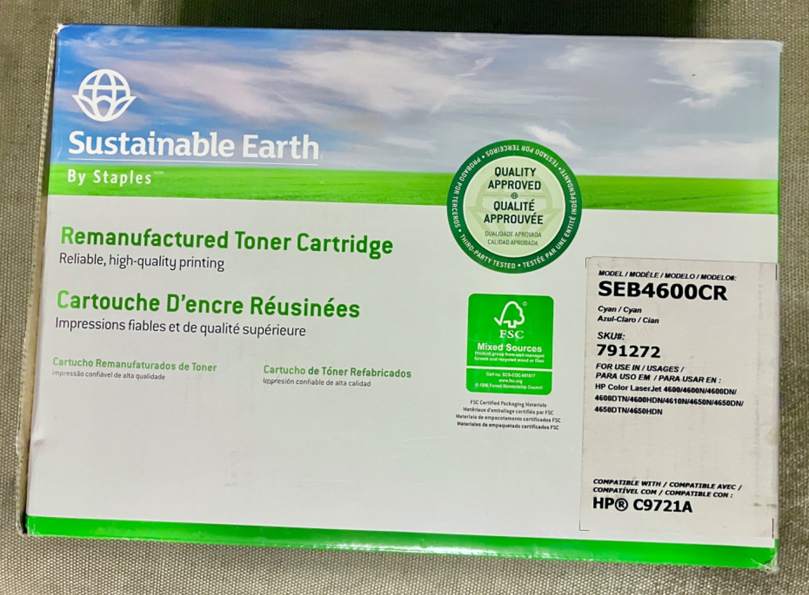 Sustainable Earth By Staples CYAN SEB4600CR, 791272, HP C9721A Compatible, NOS