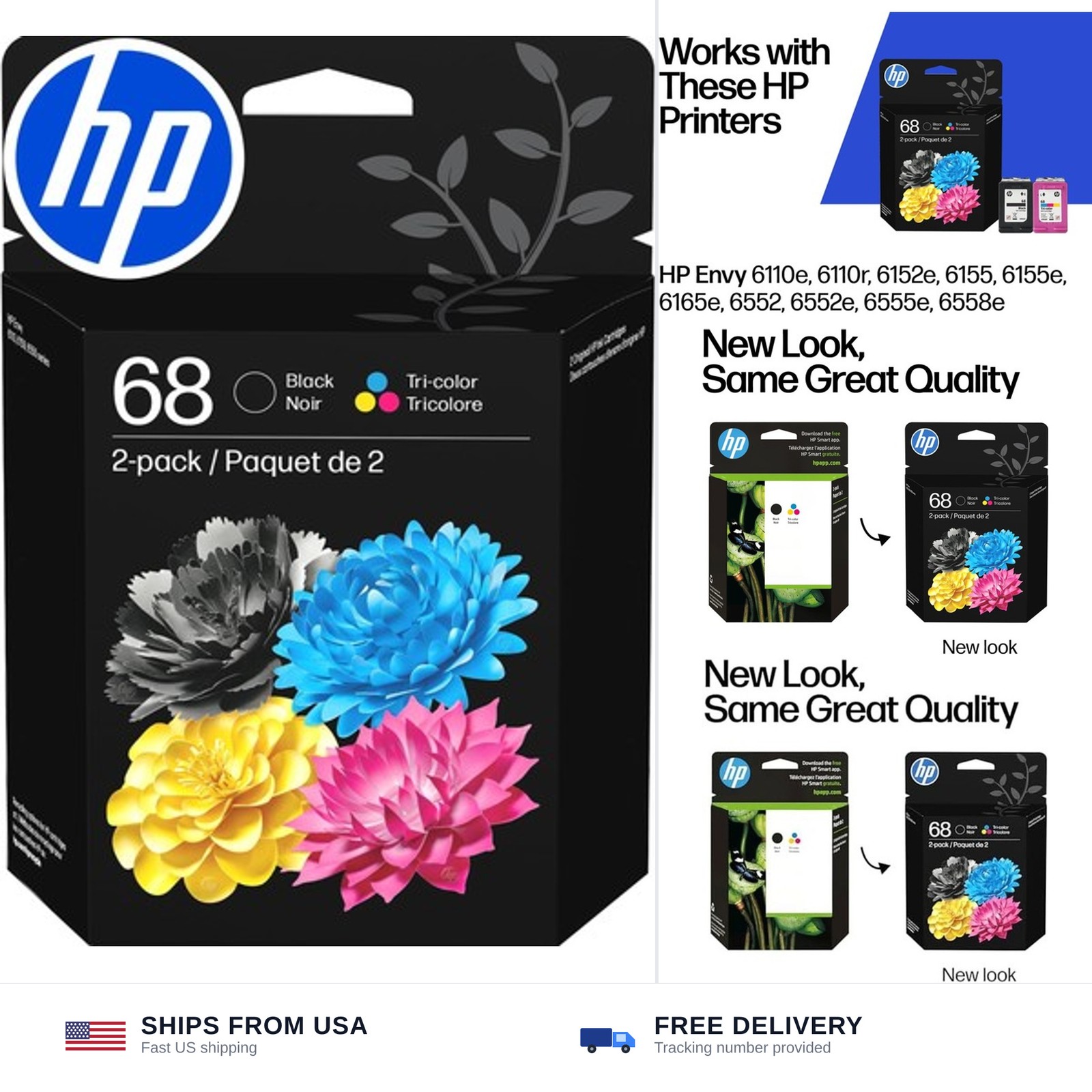 HP 68 Black/Tri-Color Ink Cartridges (2-Pack) | Works with Envy 6100e, 6500e ...