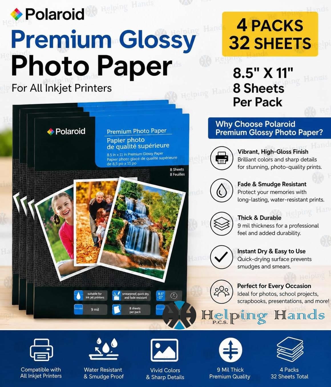 4 Packs of Polaroid Premium Glossy Photo Paper All Ink Jet Printers 8.5 " X 11"