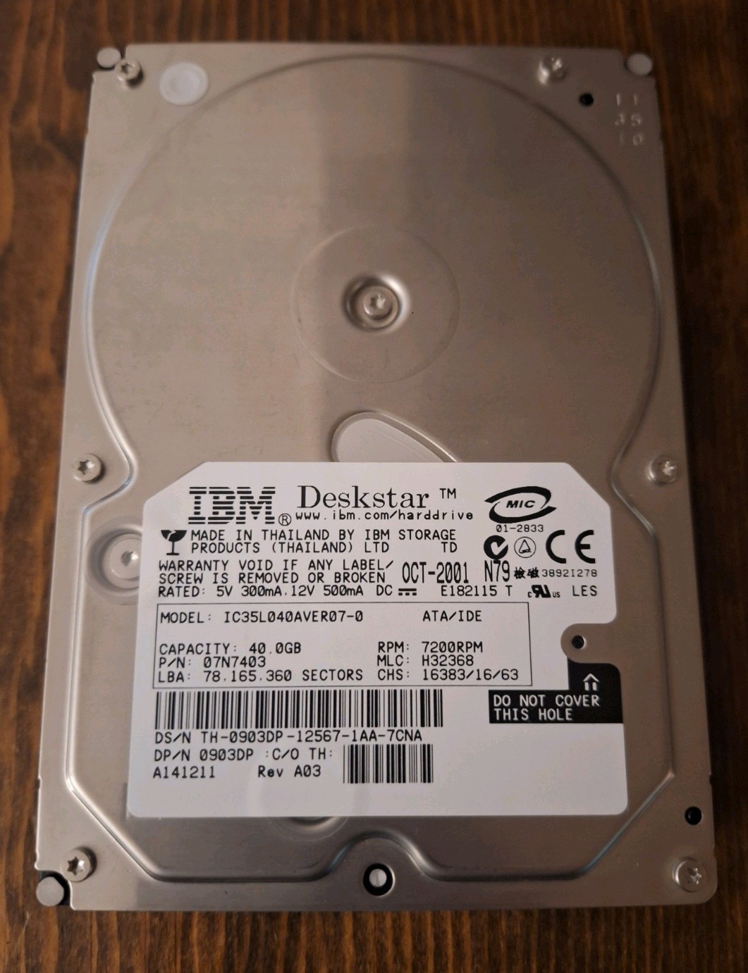 IC35L020AVVA07-0 IBM DESKSTAR 20GB  IDE HARD DRIVE P/N 07N8134