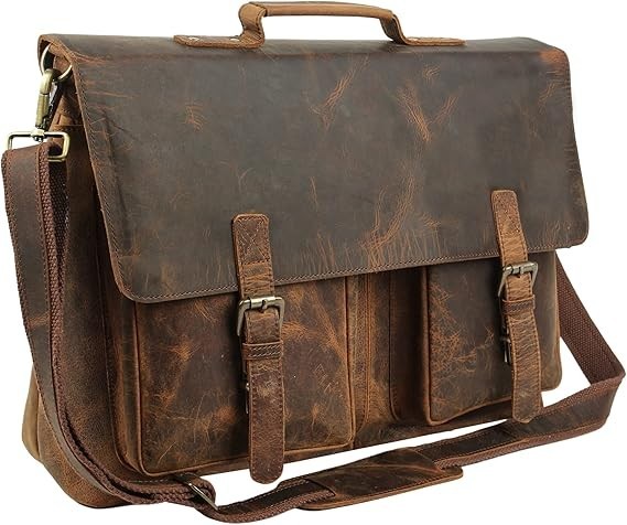 17" Buffalo Leather Laptop Briefcase Bag Vintage Messenger Satchel Dark Brown