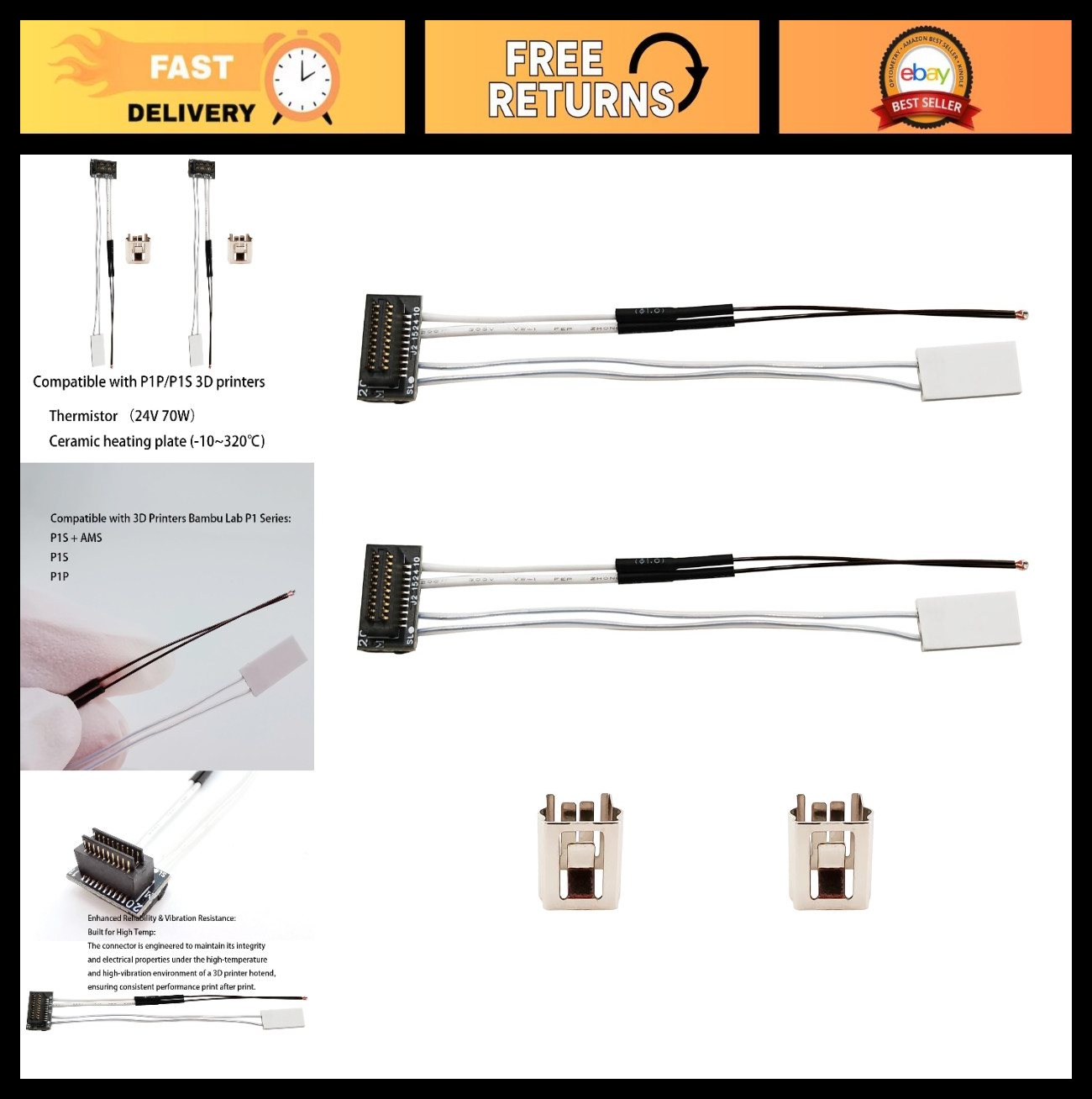 2pcs 24V 70W Ceramic Heater & Thermistor for 3D Printer P1P P1S Hotend, 320℃