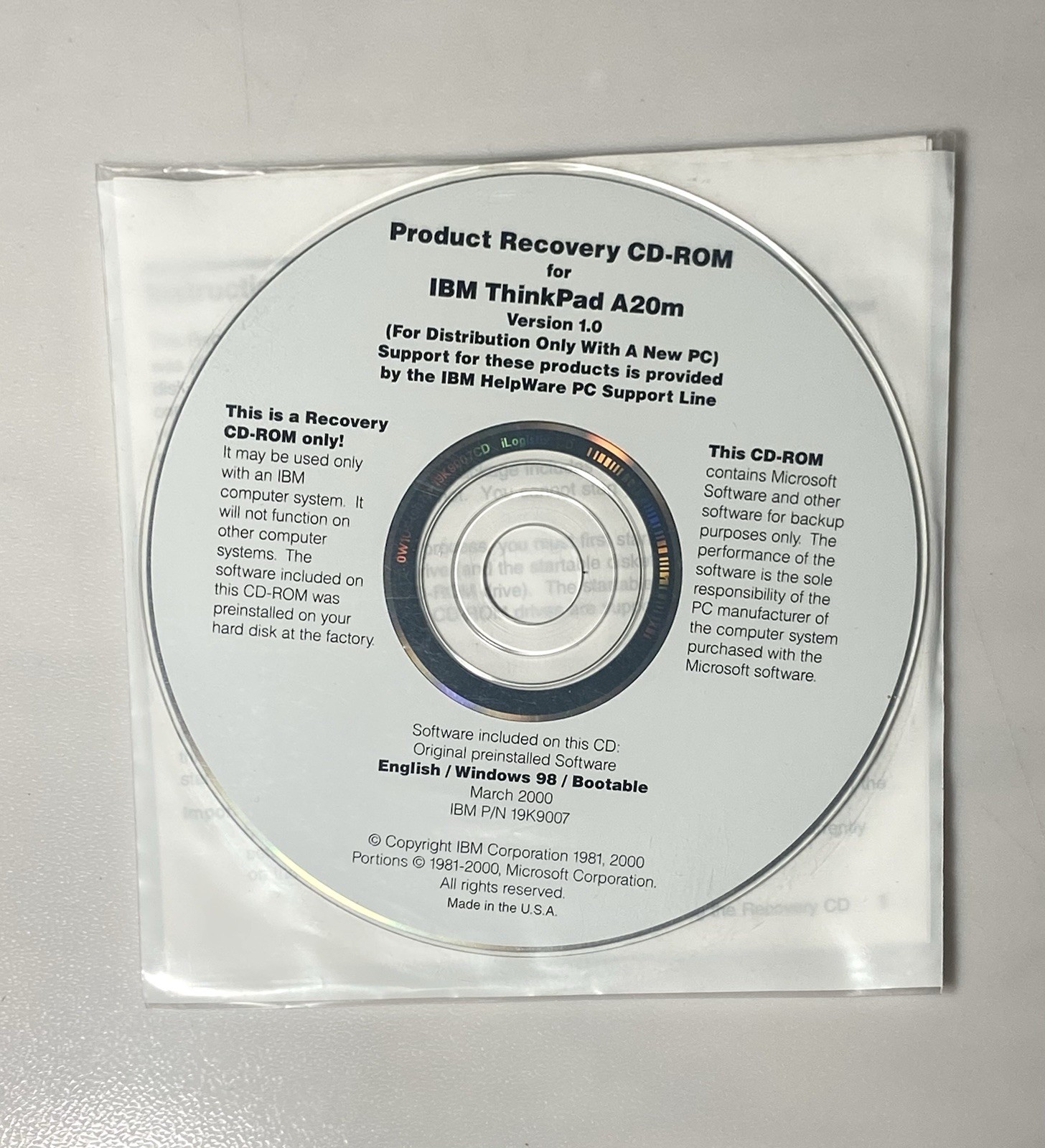 Vintage IBM ThinkPad A20m Windows 98 Recovery CD-ROM (P/N 19K9007 &19K9006) 