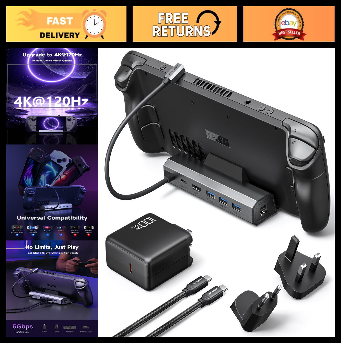 6-in-1 4K@120Hz Docking Station, 100W Charger, HDMI 2.1, USB 3.0, Ethernet for S