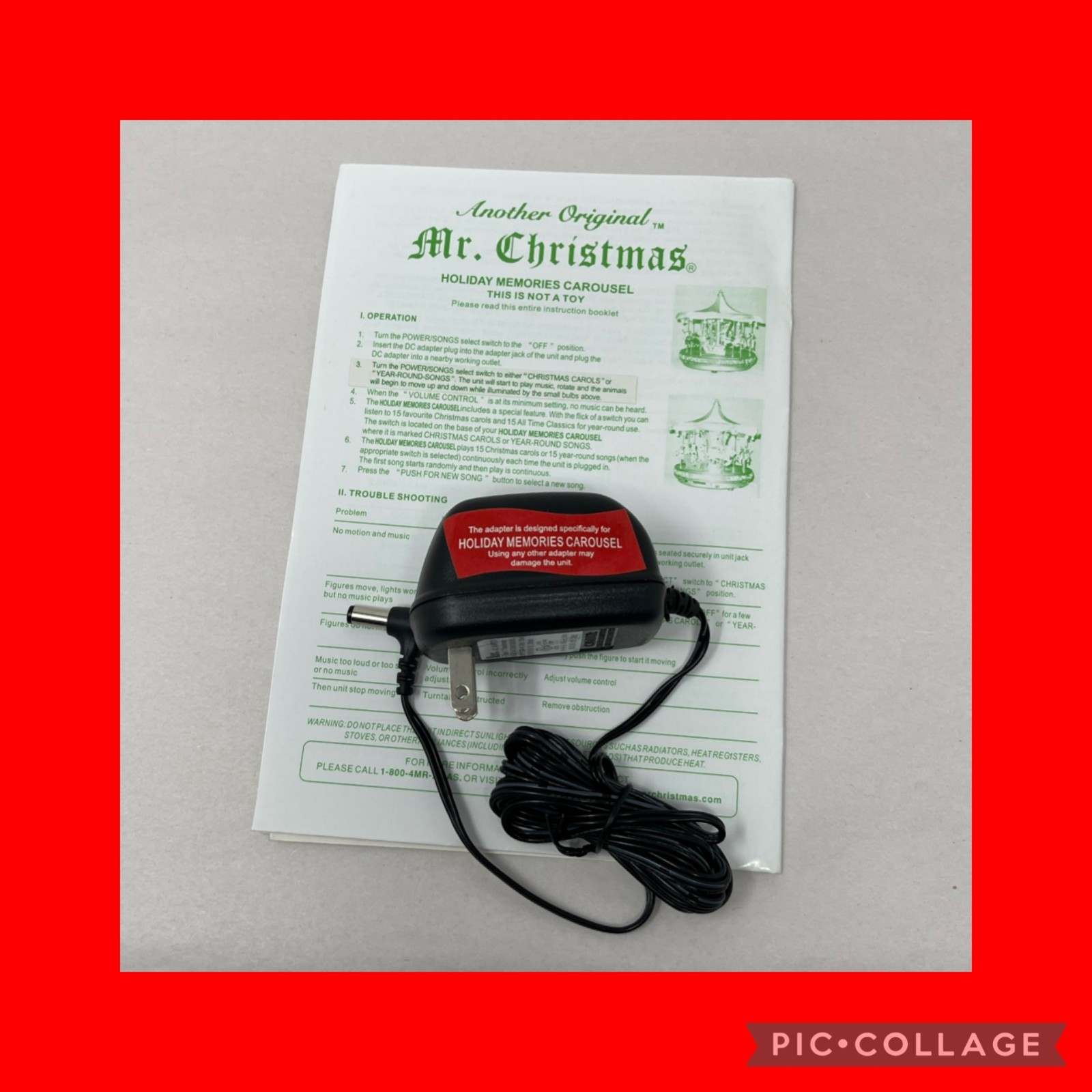Mr. Christmas HOLIDAY MEMORIES CAROUSEL Power Cord Adapter OEM 120AC-6V-DC GOOD