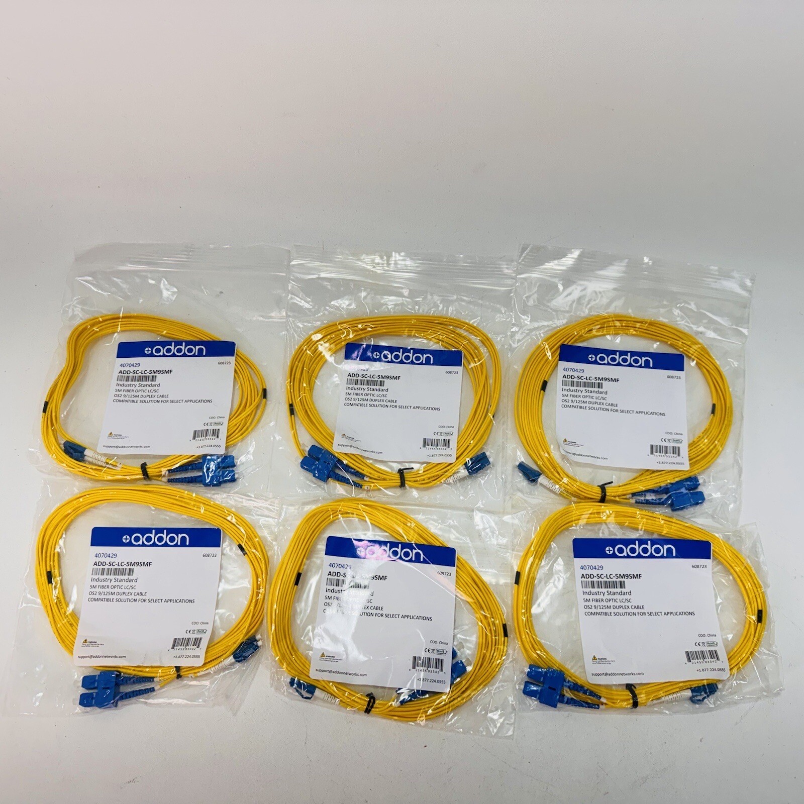 6X - AddOn 5m Single-Mode Fiber SC/LC OS1 Yellow Patch Cable ADD-SC-LC-5M9SMF