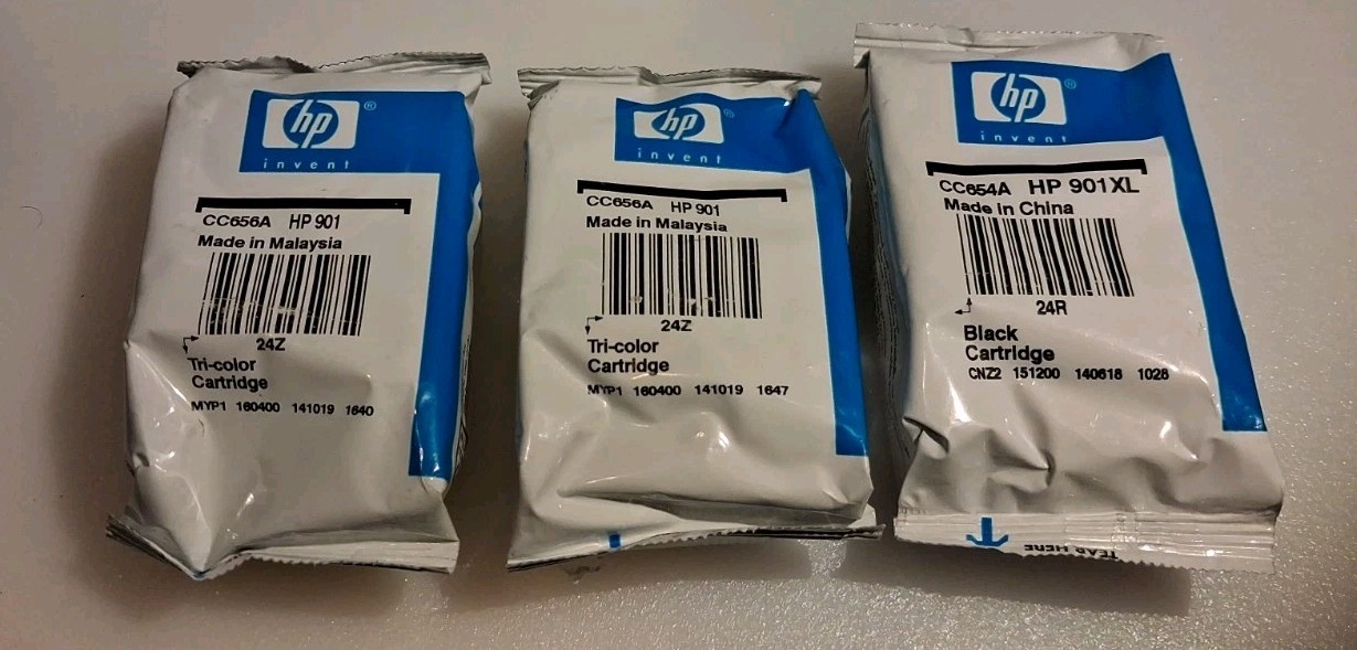 Lot of 3 - Genuine HP 901XL Black (1) & HP901 Tri-color (2) Ink Cartridges 