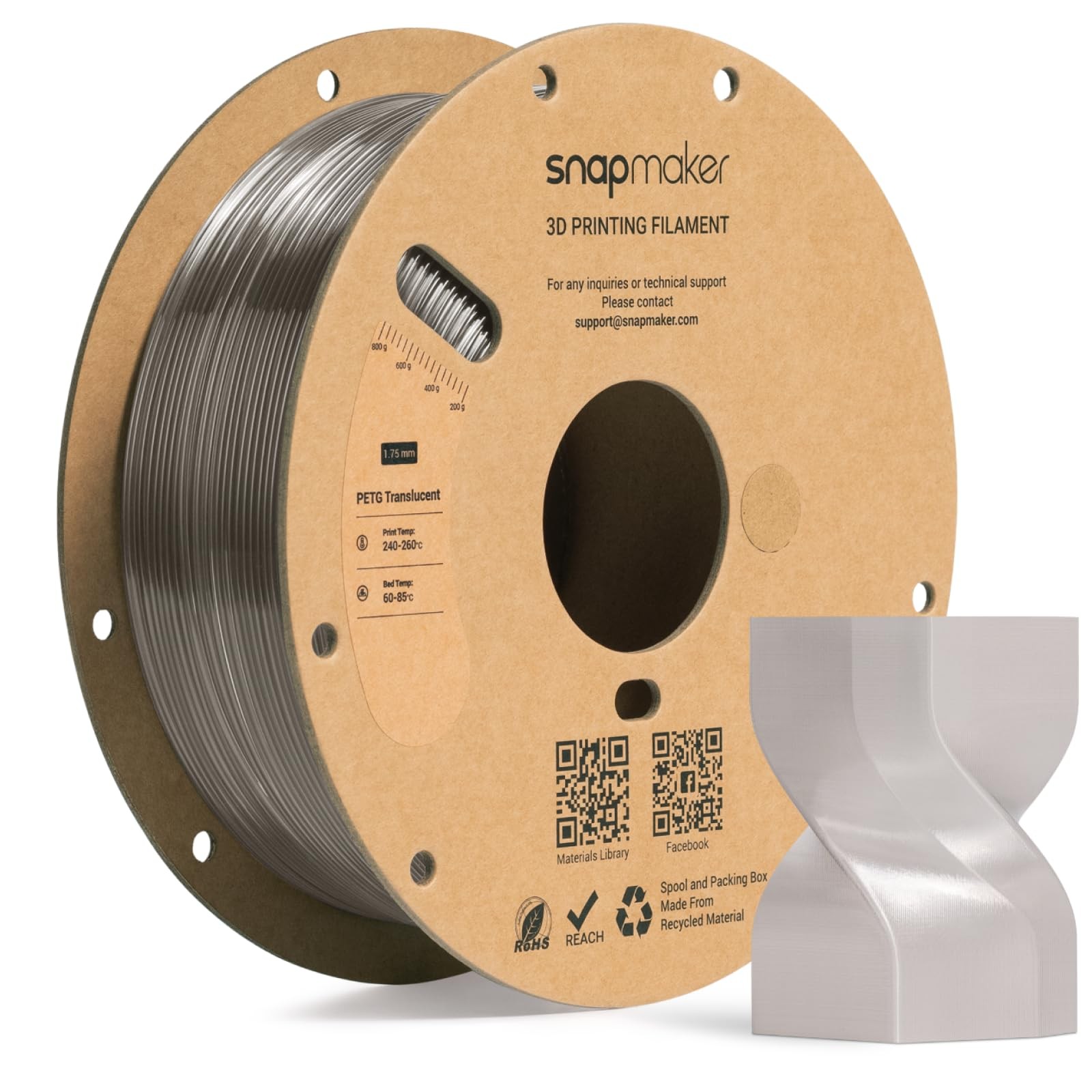 Snapmaker PETG Translucent 3D Filament, Gray 1kg