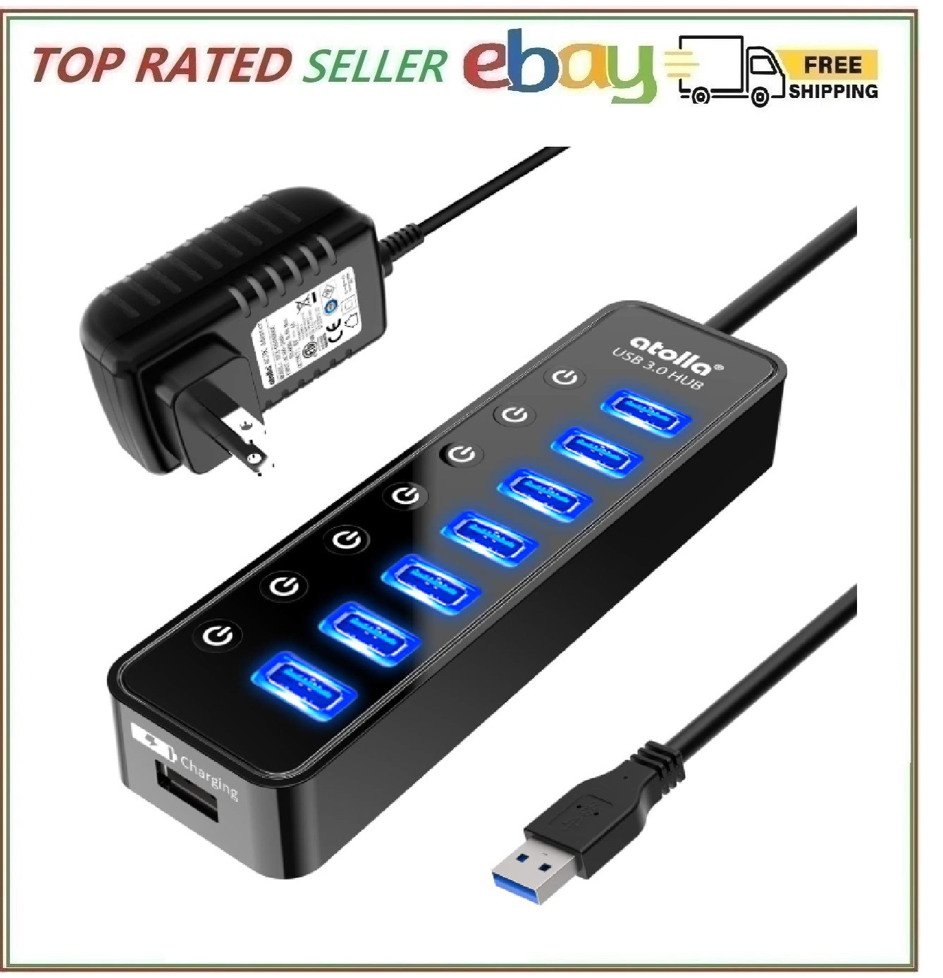Powered USB Hub 3.0, Atolla 7-Port USB Data Hub Splitter with One Smart Charg...
