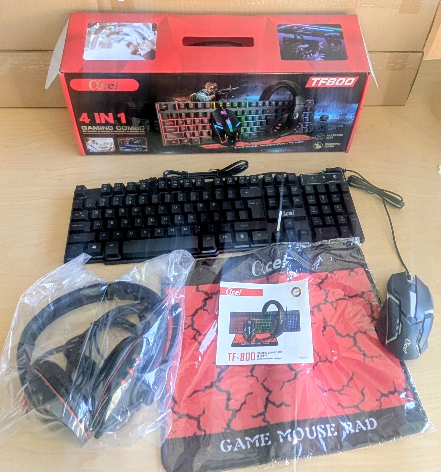 T-WOLF TF800 4-in-1 Wired Gaming Combo LED QWERTY Keyboard Mouse Headset Pad