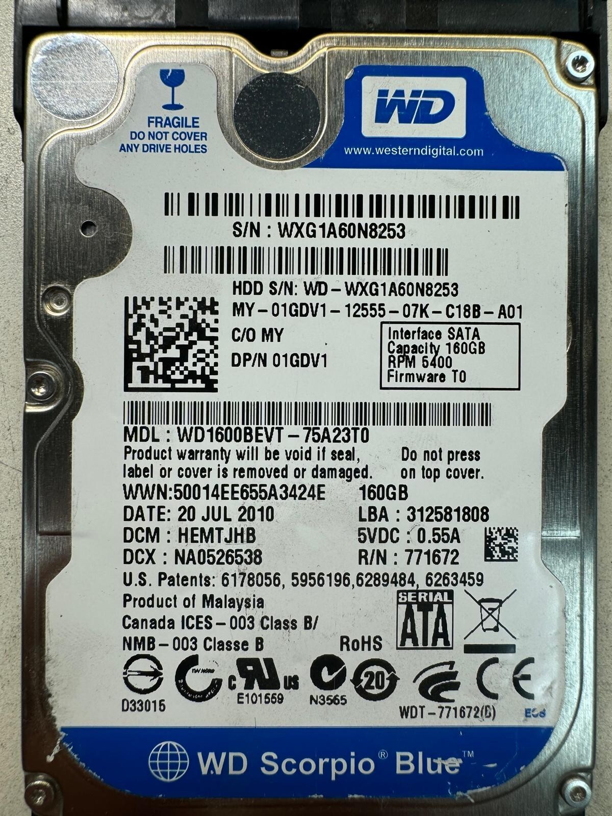 DELL 1GDV1 WD1600BEVT-75A23T0 771672 160GB 5.4K RPM 8MB Cache 3Gb/s SATA 2.5"HDD